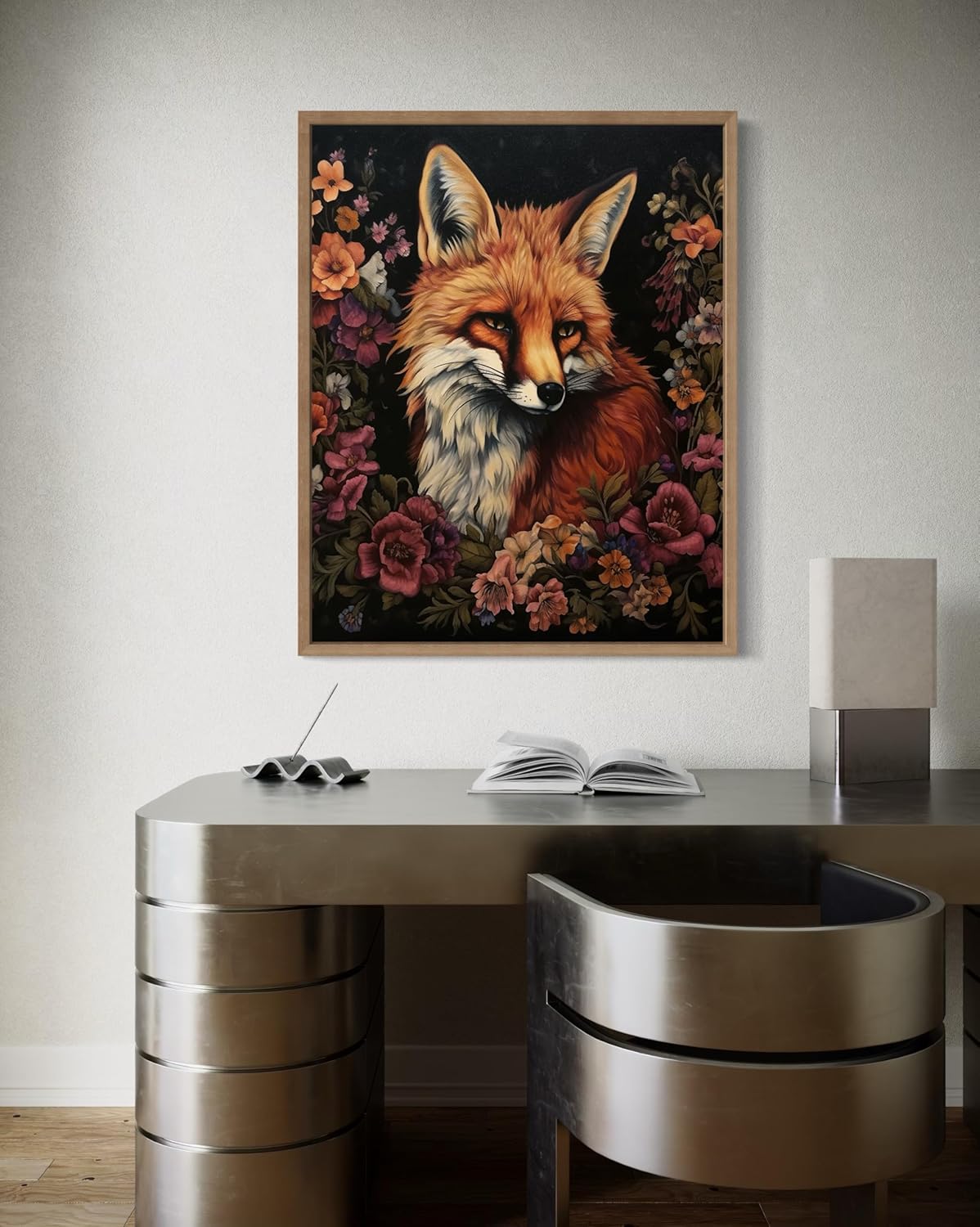 Fox and Flower Poster Art Print, Halloween Scary Vintage Wall Art Academia Spooky Painting Decoration for Horror Prints, Gothic Posters Bedroom Decor 89 (Fox and Flower, 11 x 14 inches, Wood Frame)