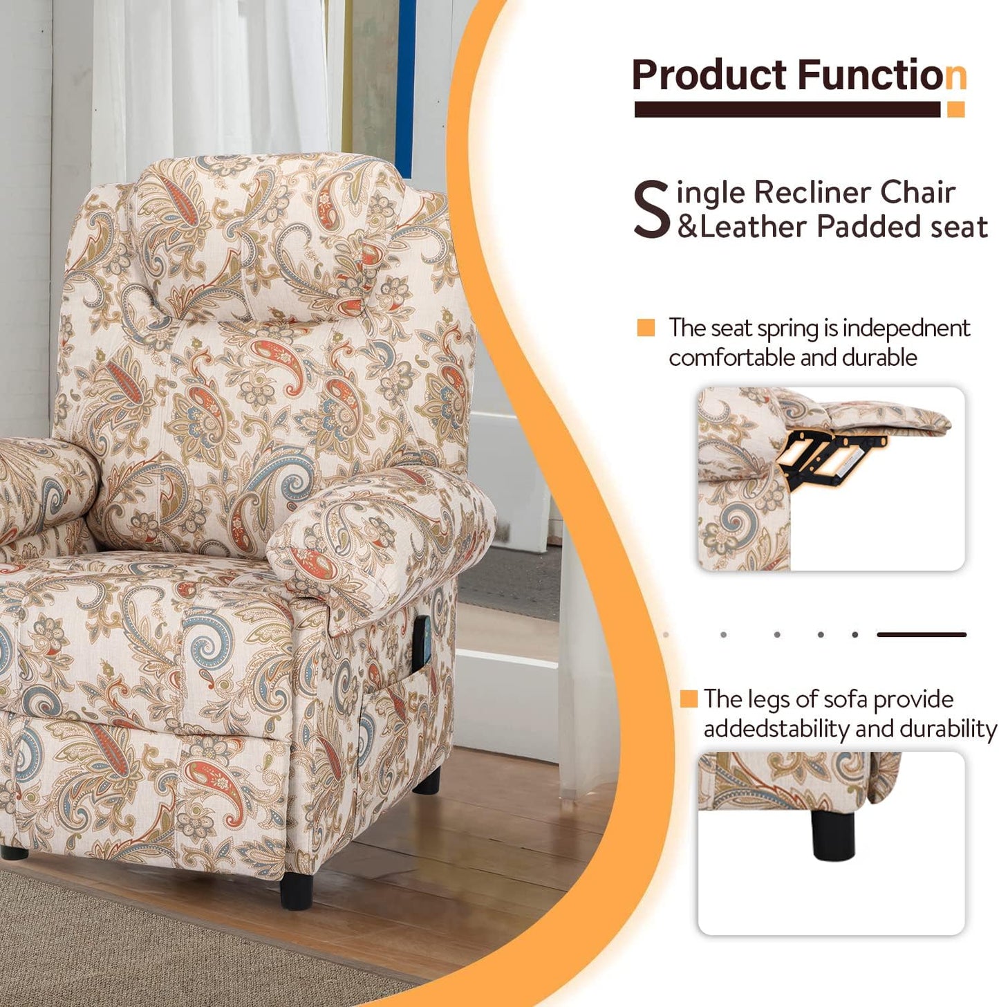 KCREAM Manual Massage Chair Recliner for Adult, Fabric Small Recliner Chairs with Side Pockets and Vibration,Single Sofa Home Theater Seating,Floral