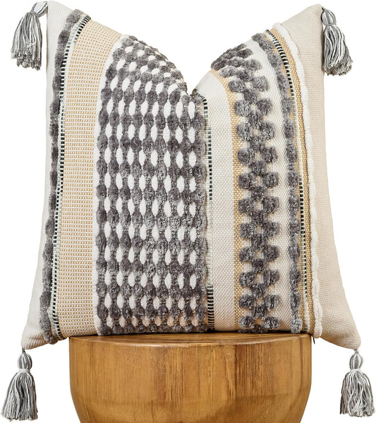 AmHoo Chenille Striped Textured Boho Throw Pillow Covers Aesthetic with Tassels Woven Decorative Pillow Case for Couch Bed Sofa Bedroom Modern Funky 18 x 18-Inch Grey White