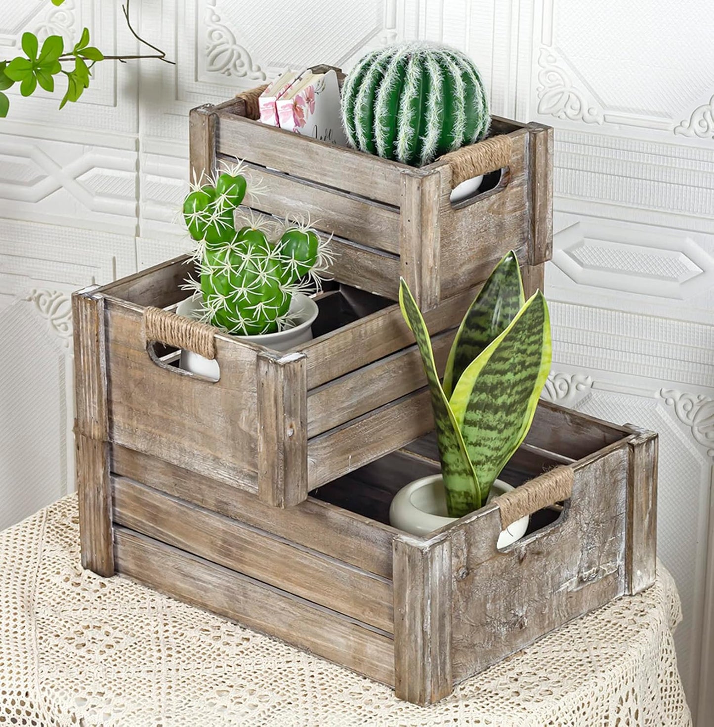 TIMRIS Set of 3 Rustic Wood Nesting Crates, Farmhouse Wooden Storage Container Boxes with Cutout Handles, Decorative Wooden Baskets for Display (Rustic Gray)