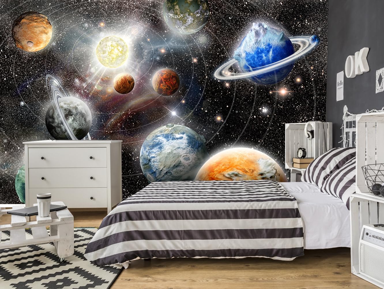 Galaxy Starry Sky Wall Mural Saturn Mars Venus Planet Wallpaper for Kids Room Bedroom Living Room(Not Peel and Stick)