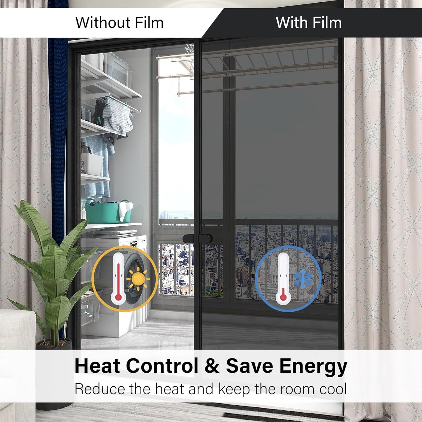 Kromapolis One Way Window Privacy Film Reflective Mirror Home Window Tint, Daytime Privacy Heat Control Anti UV Glass Tinting Static Cling (Black-Silver, 29.5 x 78.7 inch)