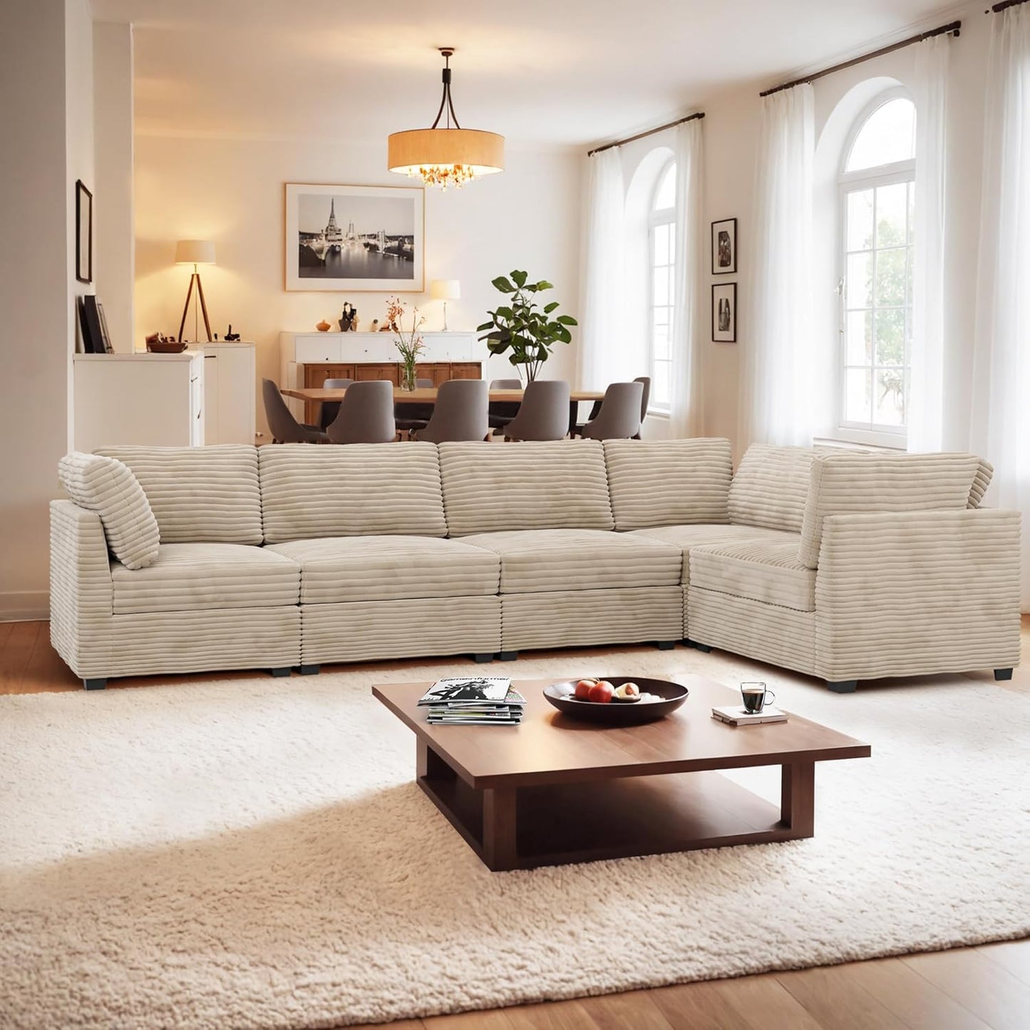 ovios Sectional Sofa Couch with L-Shape Chaise Convertible, Comfy Modular Cloud Couches with Deep Seat, Modern Upholstered Plush Corduroy Sofas Set for Living Room, 5-Seater, Beige
