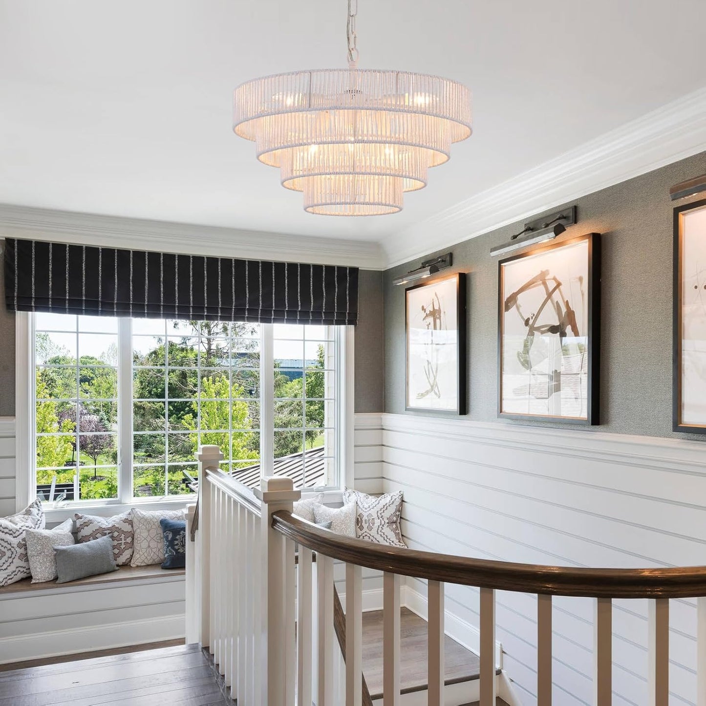 6-Lights 20" Hand-Woven Rattan Pendant Light Coastal 4 Round Transitional Minimalist Boho Large Pendant Light, for Kitchen Island Dining Room Living Room Hallway, White, UL Listed