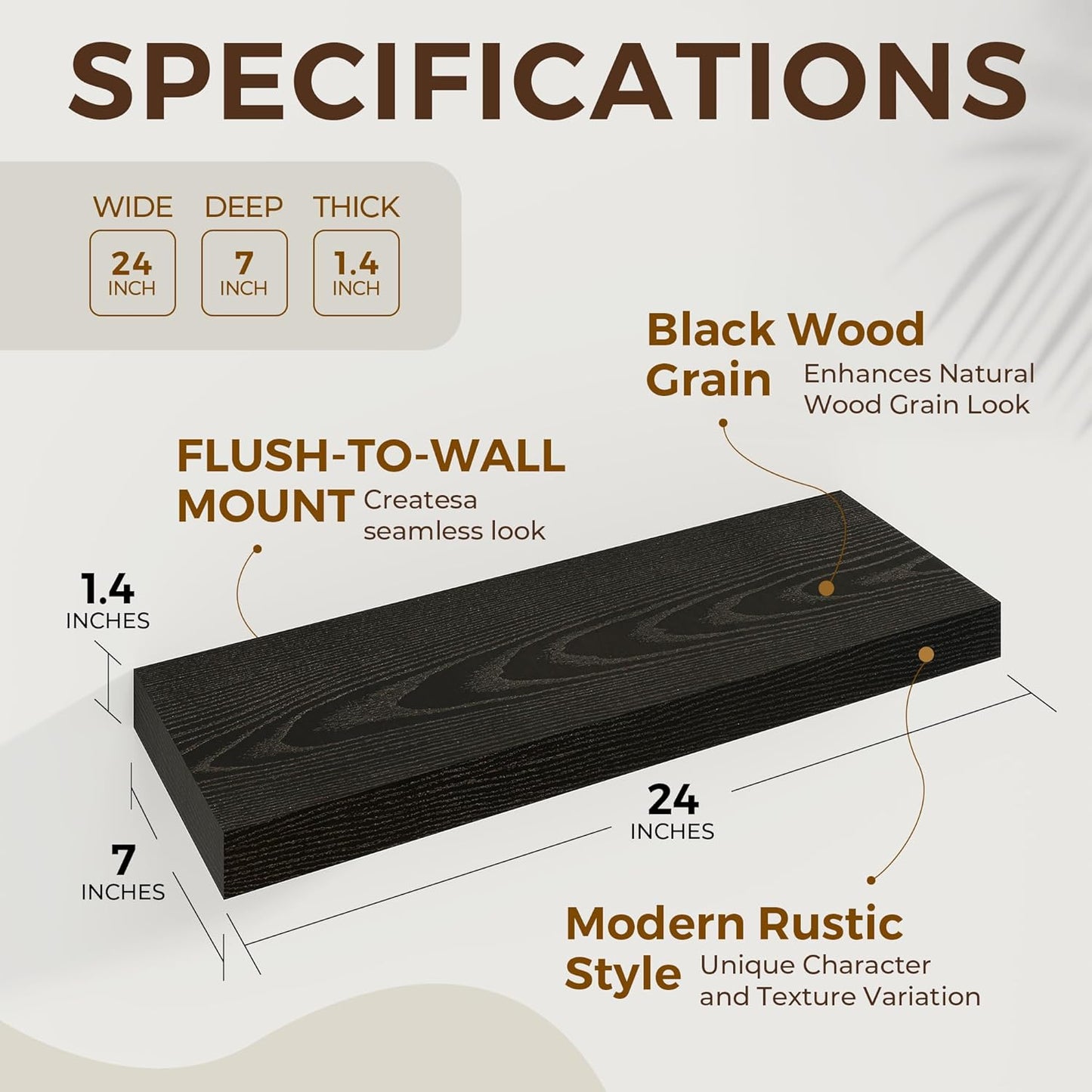 24 inch Floating Shelves Long Floating Shelves for Wall Large Wall Mounted Shelves with Invisible Brackets, Black Shelves for Bathroom, Living Room, Kitchen, Office, 24x6.7 inch deep Set of 2