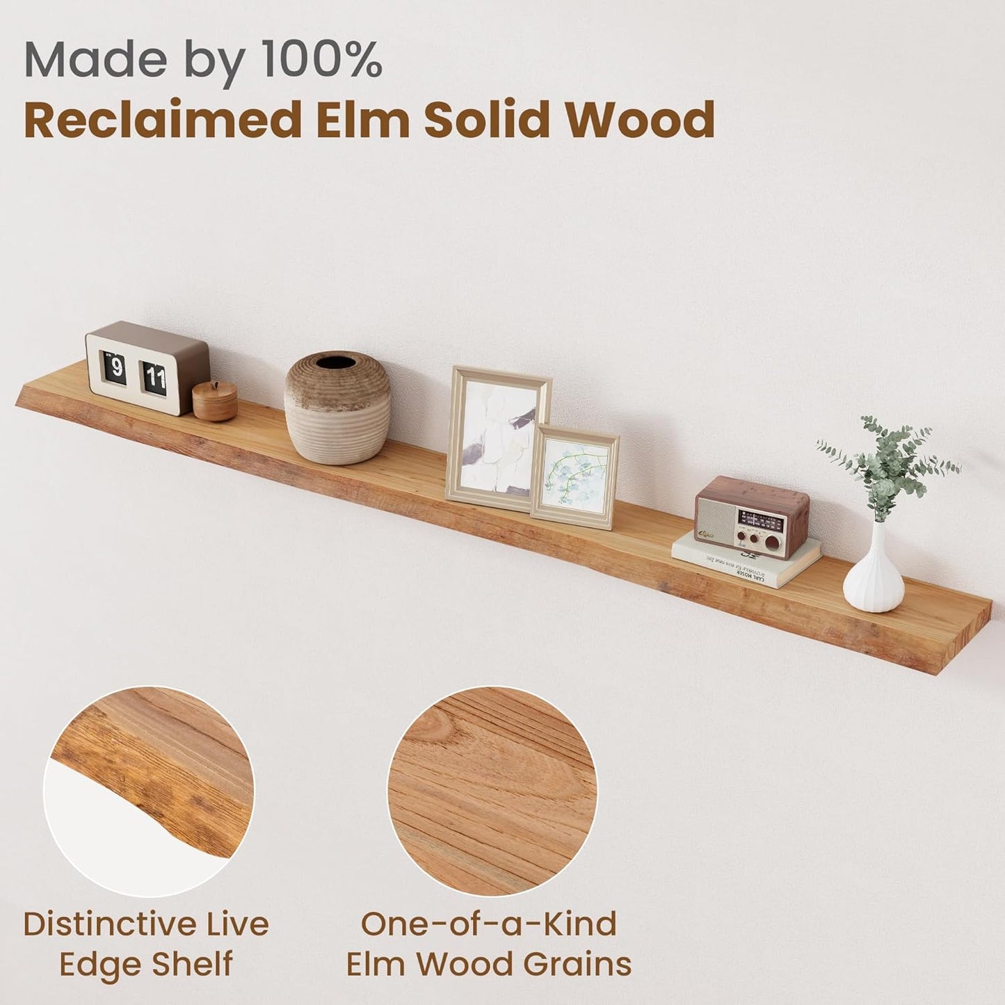 Floating Shelves for Wall Decor, Rustic Solid Elm Wood Live Edge Floating Shelves Wall Mounted, Wall Shelves with Invisible Bracket for Living Room Bathroom Bedroom Kitchen, 72 Inch, Natural