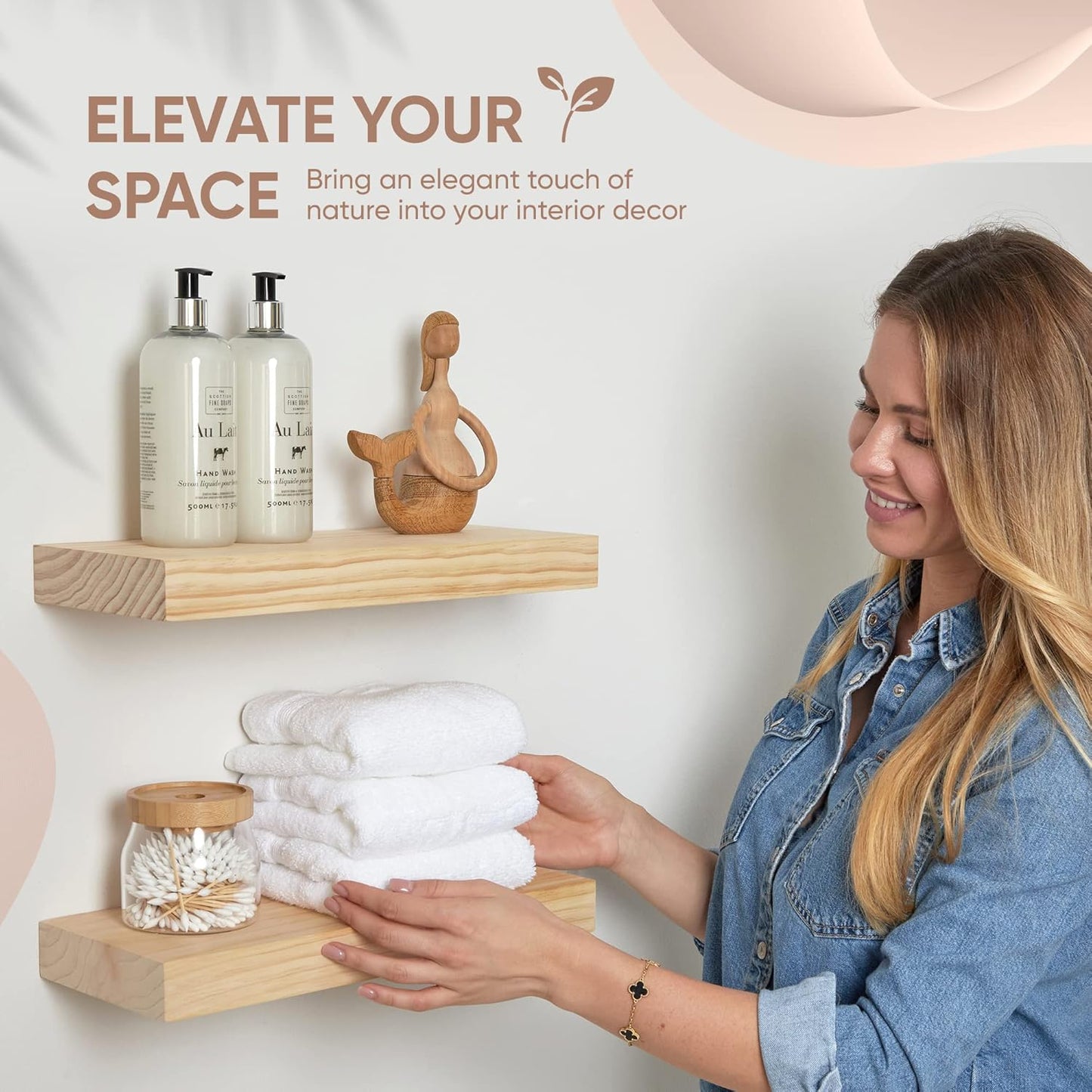 Homeforia 16 inch Natural Floating Shelf, High End Solid Real Wood 16inch Small Floating Shelves for Wall Mounted, Natural Wooden Floating Shelves, Heavy Duty Bracket, 16 X 6.5 X 1.75 in, Set of 2