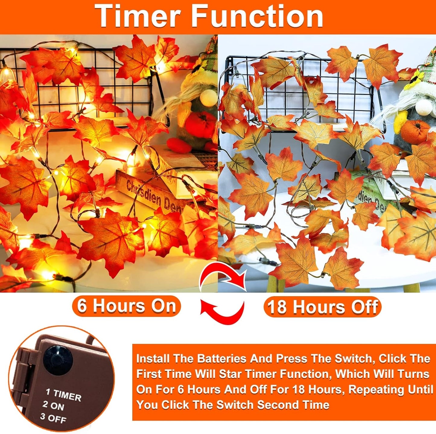 Timer & Thicker Leaves - 2 Pack Fall Garland with Lights Fall Hallowen Decorations Indoor Total 80 Leaves 40LED 13Ft Battery Operated Halloween Garland Thanksgiving Decor Home Indoor Outdoor Christmas