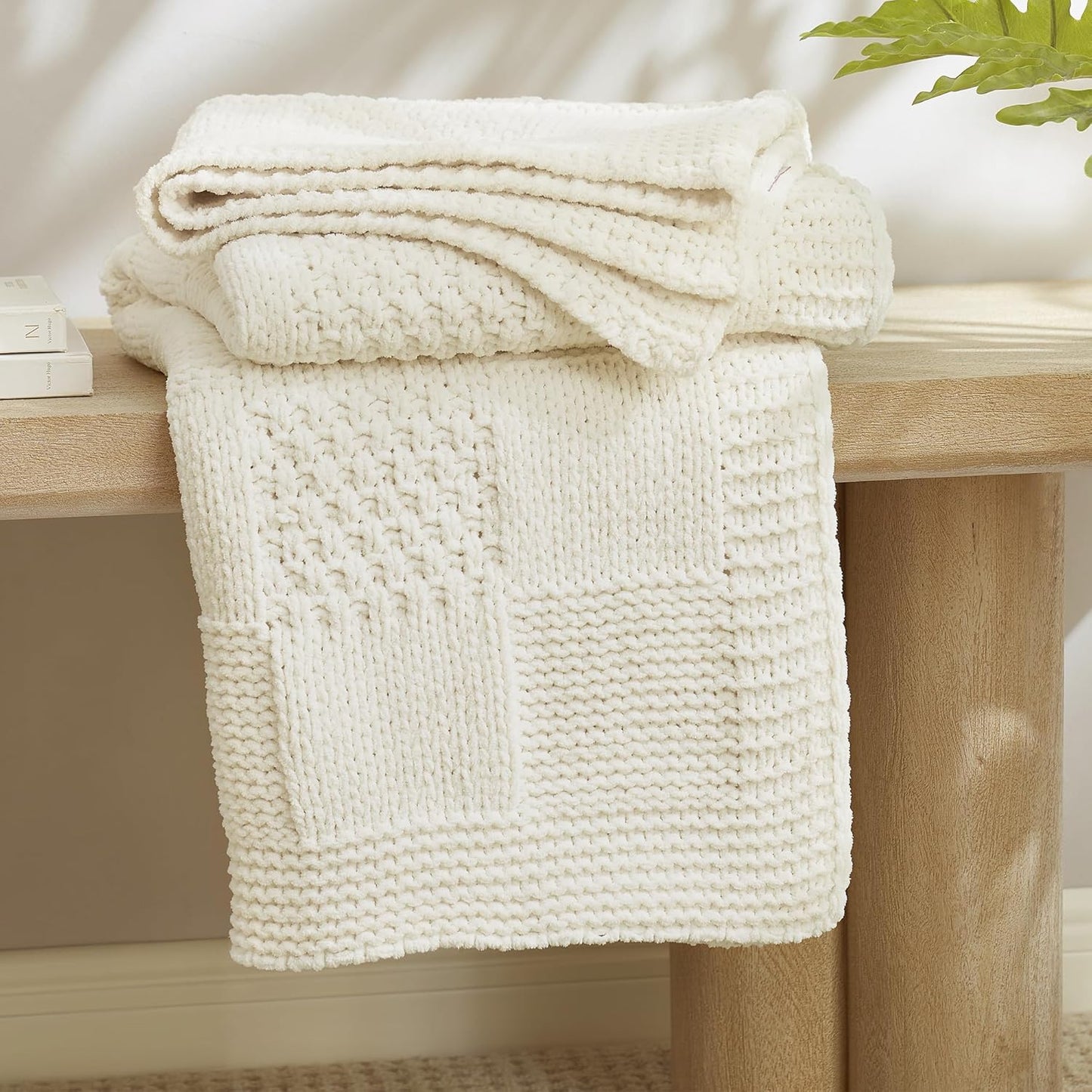 Amélie Home Chenille Knit Throw Blanket for Couch, Checkered Texture Decorative Soft Blanket for Sofa, Bed & Living Room, 50"x60", Ivory