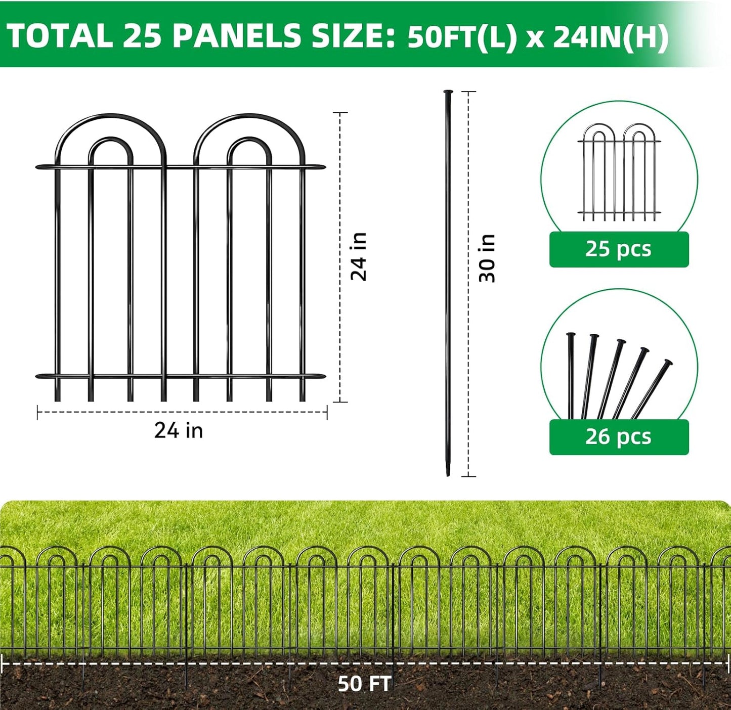 25 Panels Decorative Garden Fence, 24 in(H) X 50 ft(L) No Dig Dog Fence Outdoor for Yard, Rustproof Metal Garden Fencing Animal Barrier Border with Ground Stakes, Temporary Fencing for Patio Outdoor