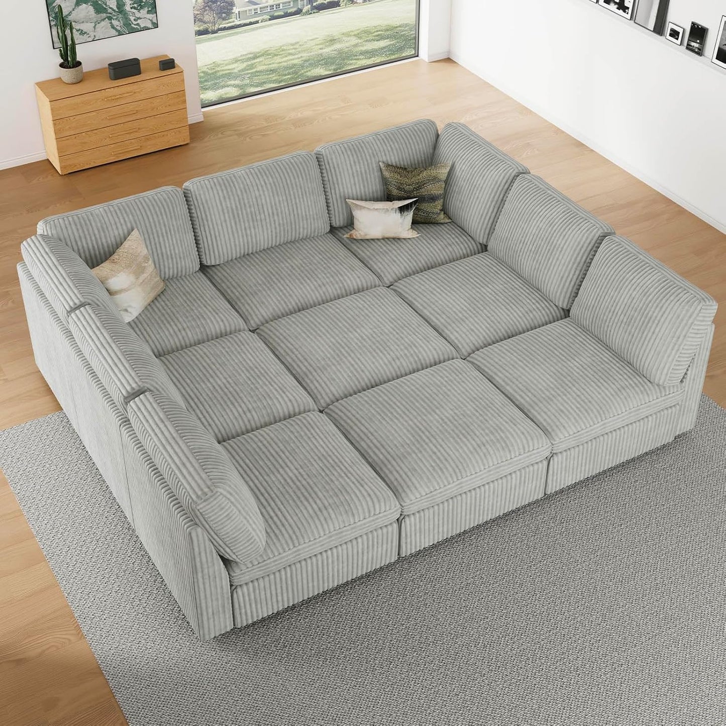 Belffin Modular Sectional Sofa with Sleeper Sofa, Oversized Cloud Couch with Extra Deep Seat, Upholstered 9 Seat Sectional Couches for Living Room, Plush Corduroy Light Grey