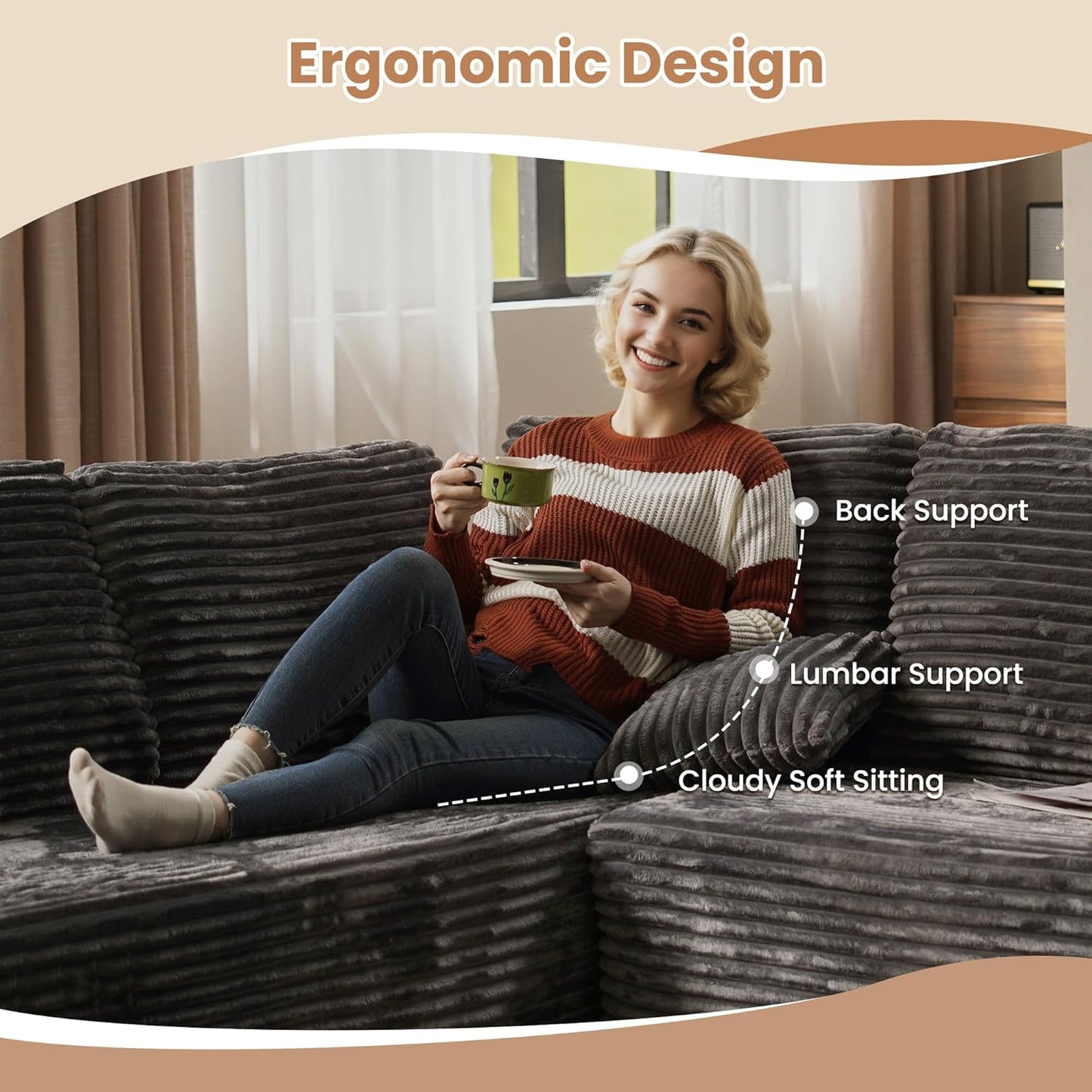 HOOOWOOO Cloud Sectional Couches for Living Room,Modular Sectional Sofa No Assembly,136X110 Inch Plush Corduroy Large U Shaped Floor Couch Set with Deep Seat(Gray)