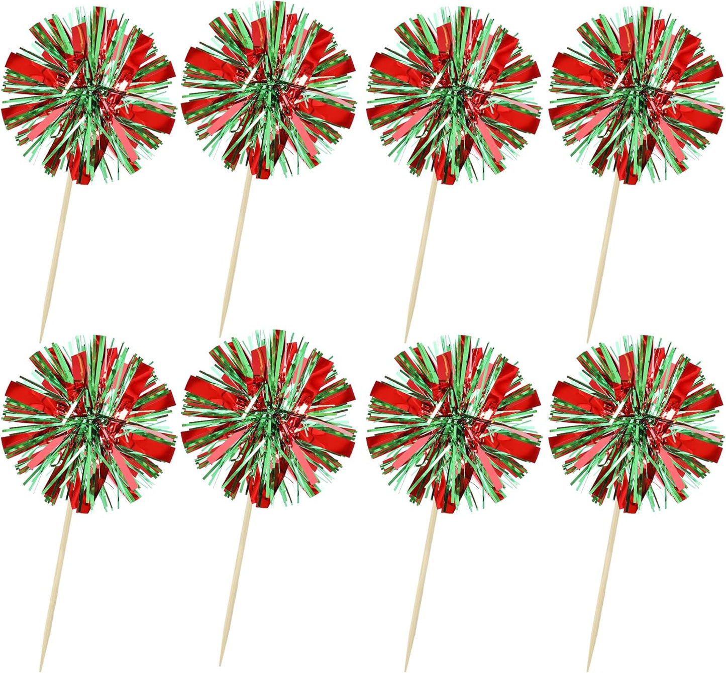 Ephlyn 30Pcs Foil Firework Cupcake Toppers Sparkle Tinsel Drink Birthday Cake Decorations Cocktail Food Fruit Toothpick for New Years Wedding Birthday Party Decorations Red Green