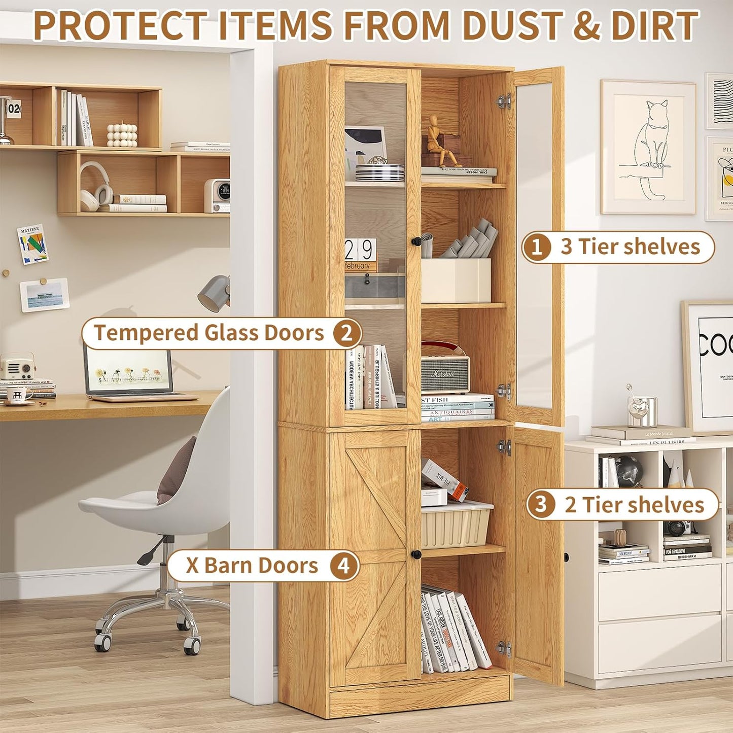 71" Tall Bookshelves Set of 3, 1 Bookcase with Drawers & 2 Bookshelves with Doors, Wooden Floor Standing Display Storage Shelves for Home Office, Living Room