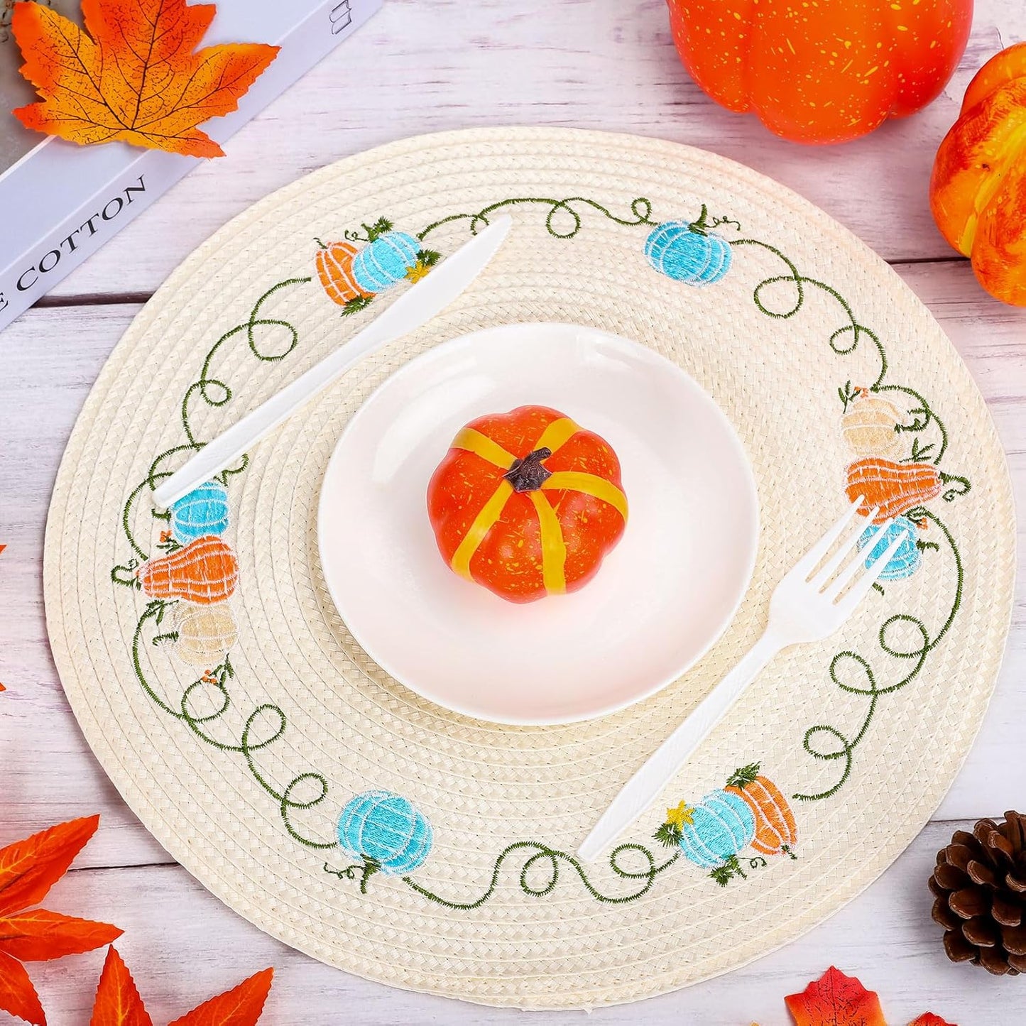 Whaline 4Pcs Round Fall Placemats Pumpkin Embroidered Place Mats Autumn Dinner Table Mats for Home Harvest Thanksgiving Holiday Party Decor