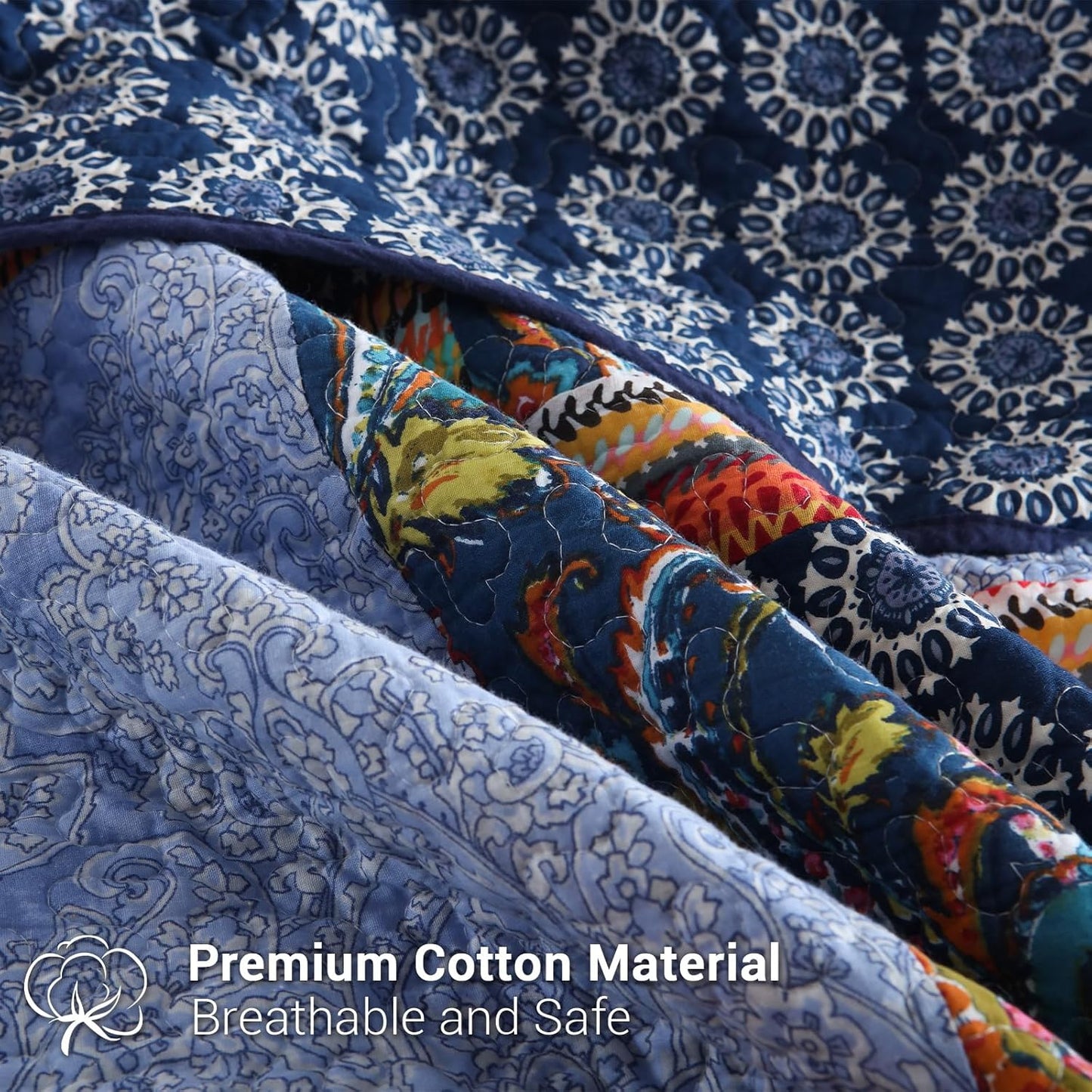 Yvooxny California King Quilt Set Reversible Lightweight Bohemian Paisley Patchwork Cotton Quilted Bedspread Coverlet Set 3-Piece Quilt Set with Pillowcases for All Seasons, 118 x 110 Inches