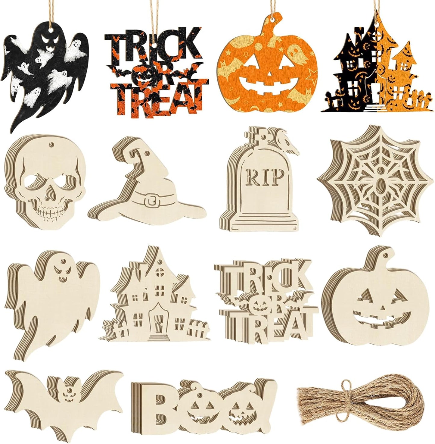 80PCS Wooden Halloween Ornaments to Paint Fall Decorations,10 Styles DIY Blank Autumn Unfinished Wood Skull Pumpkin Ghost Bat Boo Trick or Treat Halloween Cutouts Ornament for Crafts Party Hanging