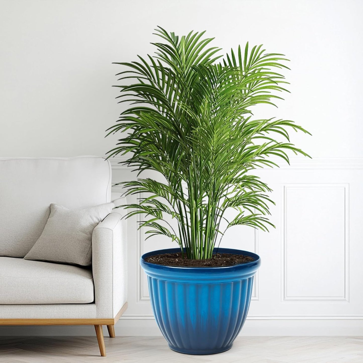 15" H Large Flower Pots, Set of 2 Plastic Planters for Outdoor Plants with Gradient Blue Finish and 3D Textures, Weather-Resistant for Porch, Garden, Patio or Indoor Use