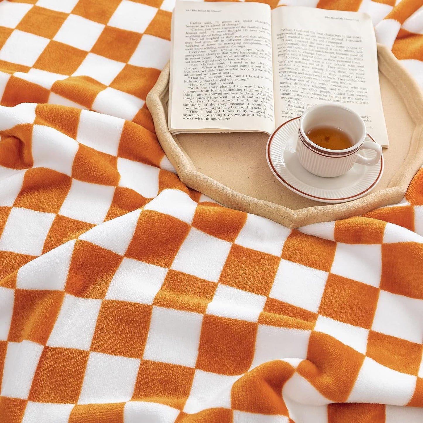 LOMAO Throw Blankets Flannel Blanket with Checkerboard Grid Pattern Soft Throw Blanket for Couch, Bed, Sofa Luxurious Warm and Cozy for All Seasons (Orange, 60"x80")