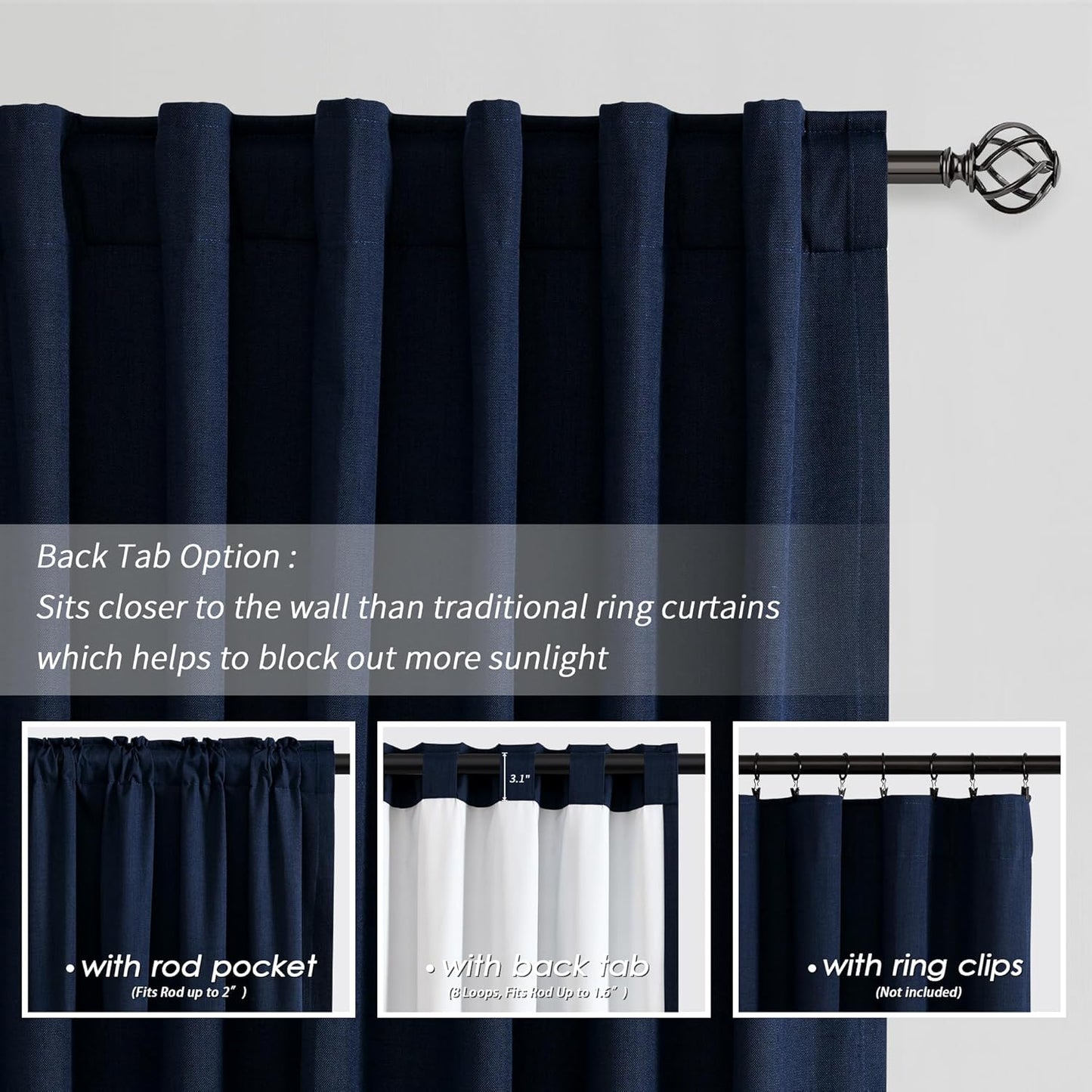 BOODII Navy Blue Blackout Curtains for Bedroom 80 Inch Length 2 Panels Set Room Darkening Curtains Linen Black Out Curtain Modern Thermal Insulated Living Room Drapes Back Tab Dark Blue 52x80