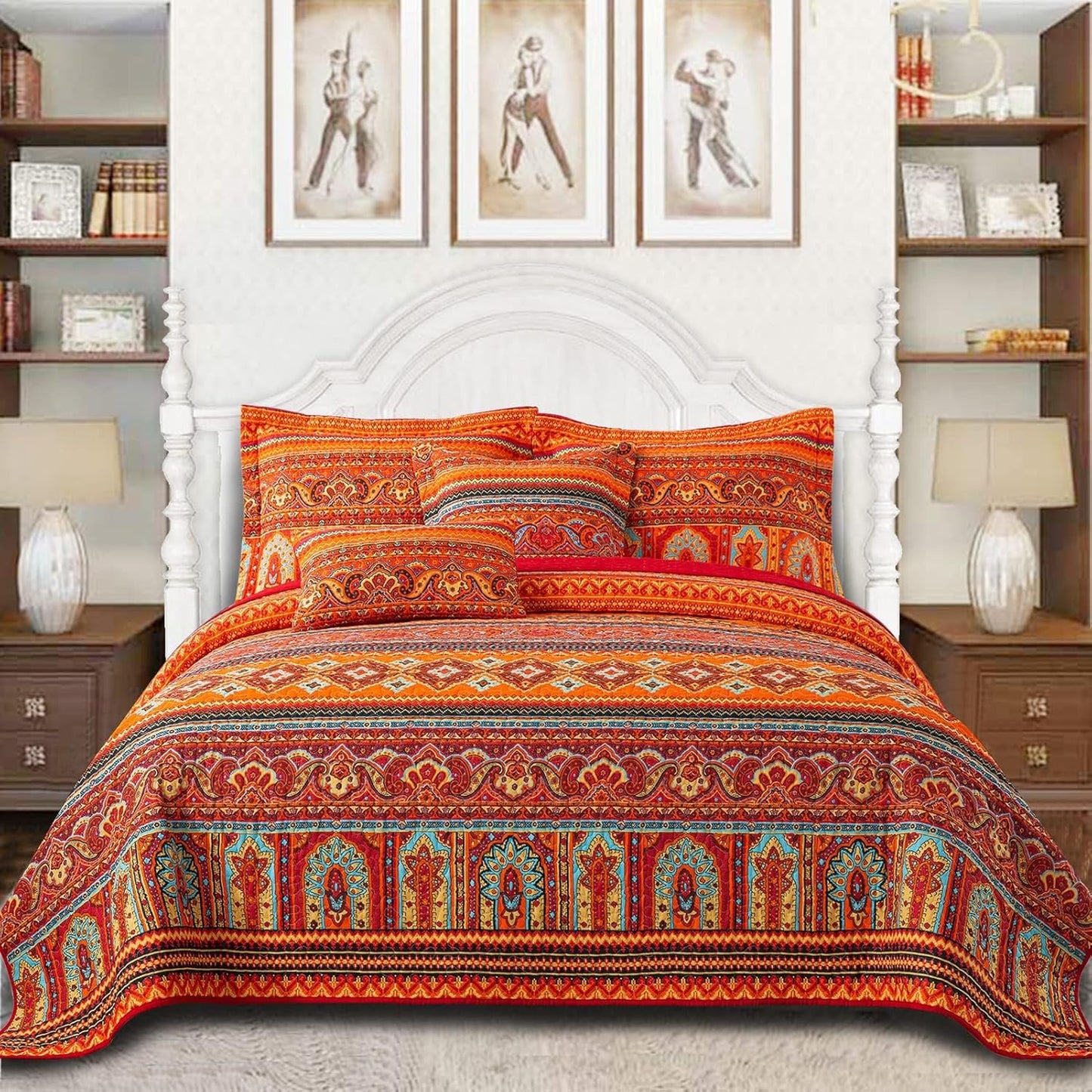 VAPUTAR Cotton Quilt King Size Bedding Set - 3 Pieces King Quilt Bedding Set, Boho King Size Quilts, Lightweight Reversible Coverlets Bedspreads for Farmhouse Bedroom (Red/Orange)