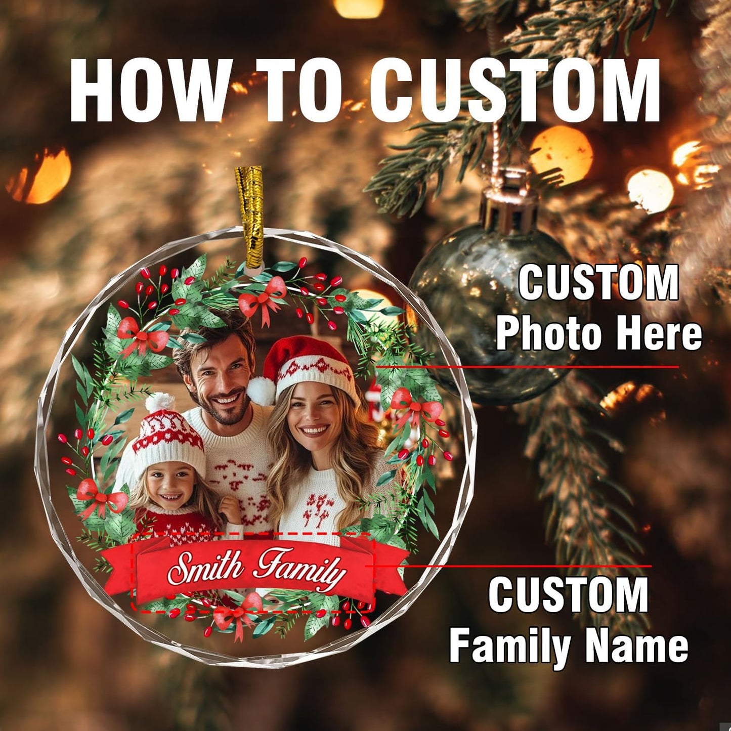 Christmas Tree Hanging Decor, Personalized Crystal Photo Ornaments, Custom Ornaments for Family/Child, Decorative Hanging Pendant, Design Your Own Picture, Gifts for Christmas, for Mom/Dad
