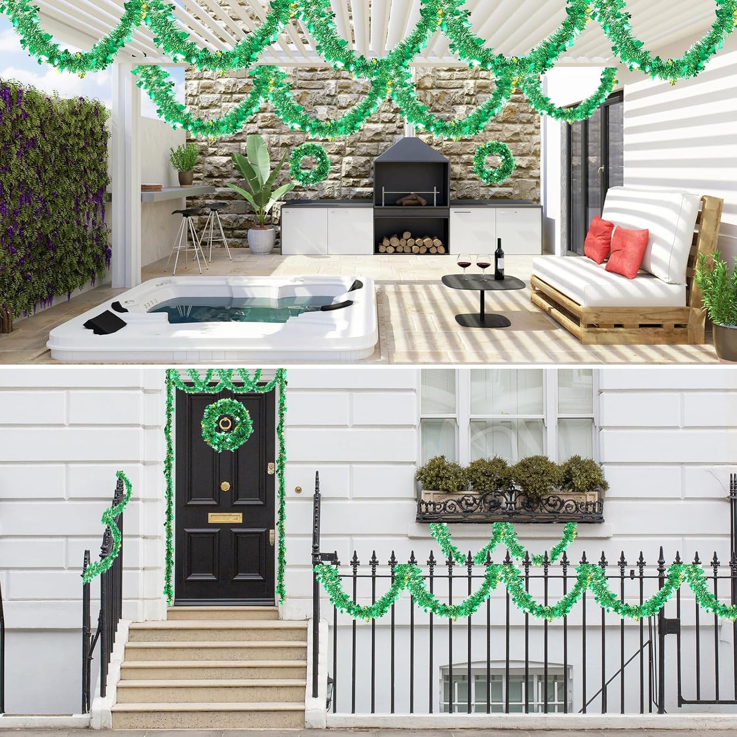 33 FT St Patricks Day Garland with Gold Green Shamrock Hat Tinsel Garland,Shiny Metallic Garlands St Patricks Day Decor for Home Indoor Outdoor St Patricks Party Supplies