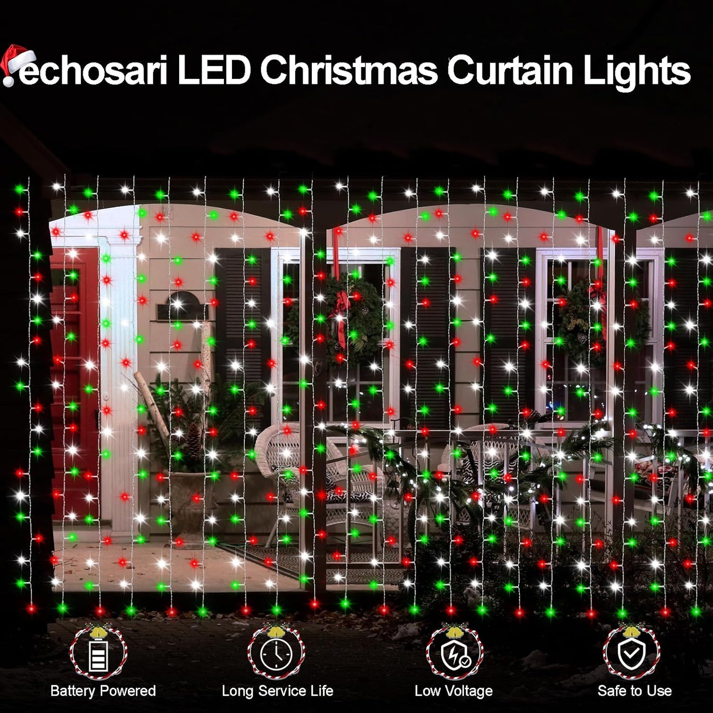 echosari Red White and Green Christmas Curtain Lights Battery Operated, 300 LED Fairy Curtain Lights 9.8Ft x 9.8Ft Hanging Lights with Remote Timer for Party Holiday Garden Yard Decor