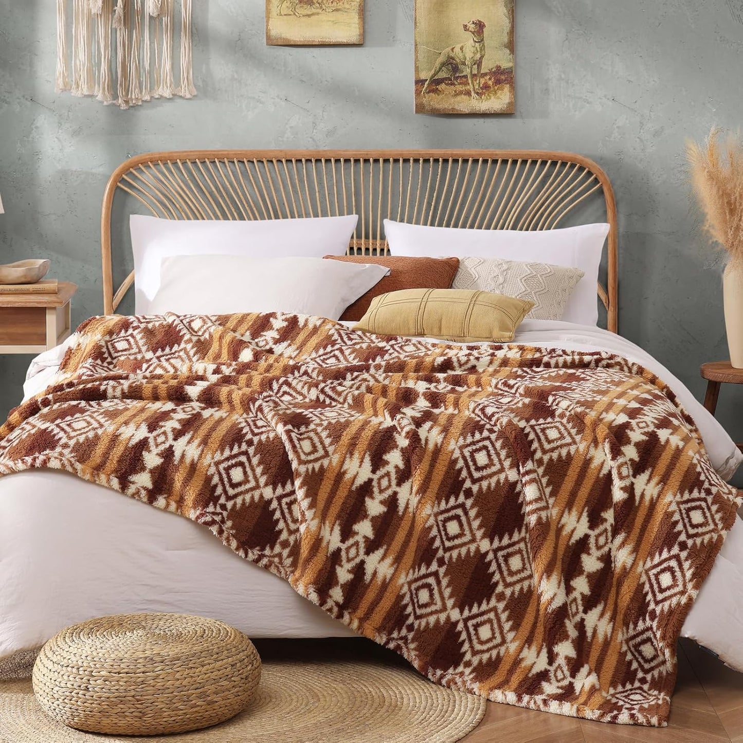 CASAAGUSTO Boho Sherpa Throw Blanket, Aztec, Ultra Soft, Warm, Cozy, Plush, Thick Fleece Bohemian Throw Blanket for Couch, Bed, Sofa (Terracotta 50 * 60 Inch)