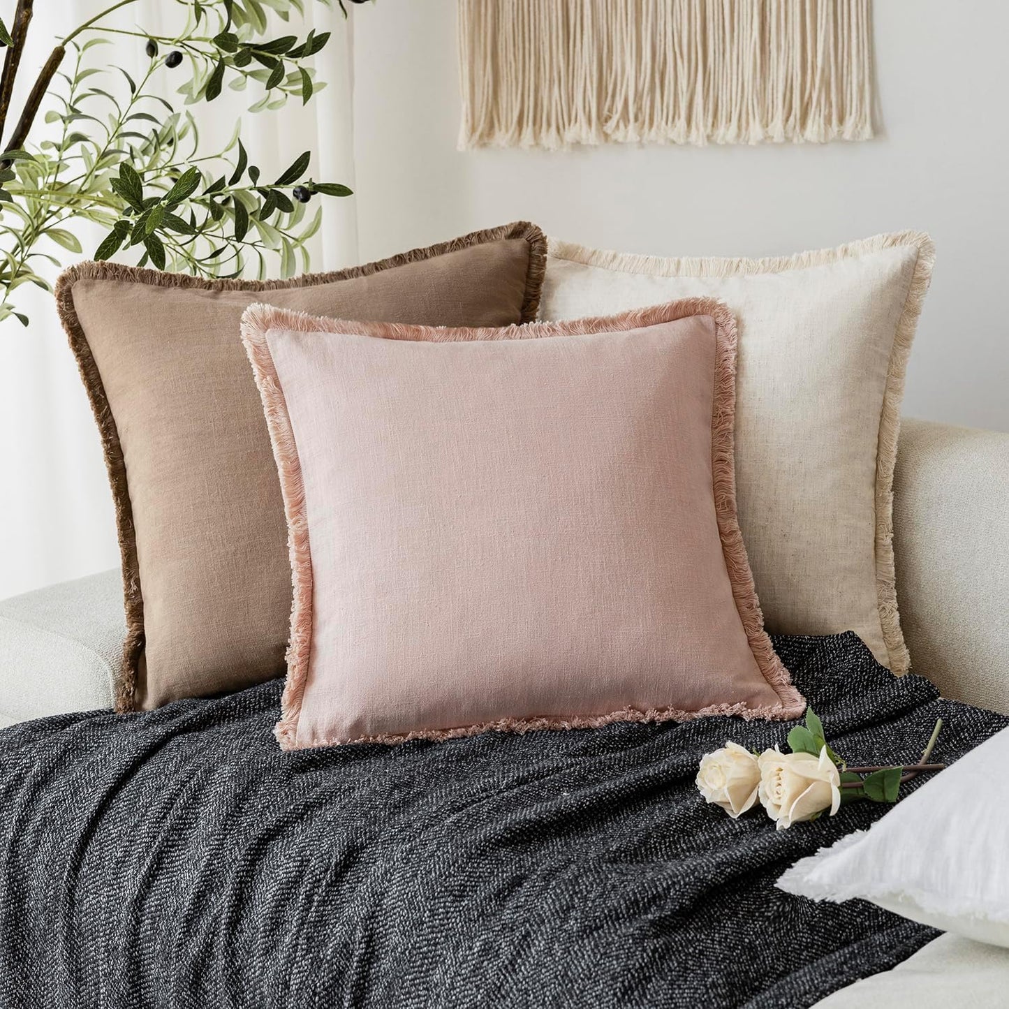 Foindtower Set of 2 Decorative Linen Fringe Throw Pillow Covers Farmhouse Cushion Cover with Tassels Lumbar Accent Pillowcase for Bed Couch Sofa Living Room Home Bedroom Decor,12×24 Inch,Light Pink