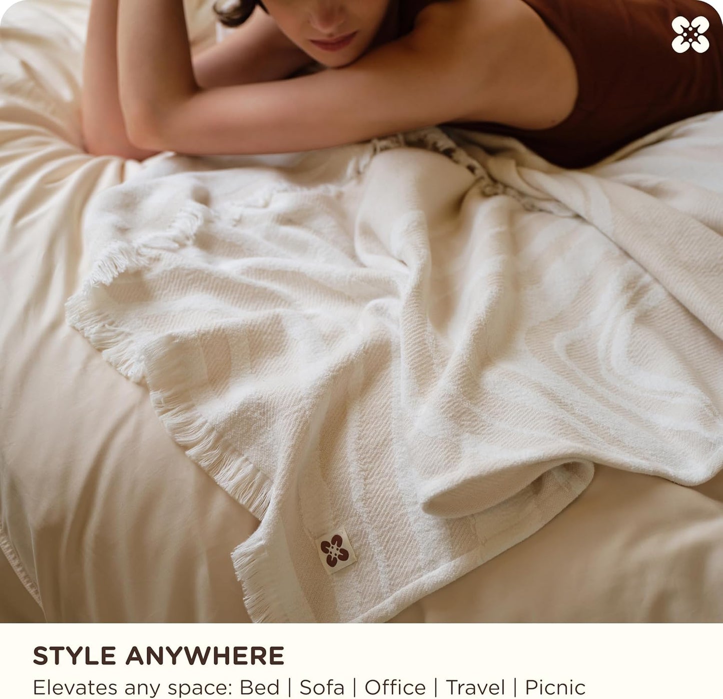 Bedsure 100% Cotton Throw Blanket for Couch - Chenille Woven Textured Blanket Gifts for Women, Cozy and Soft for All Seasons, Home Decor Boho Throw for Bed, Sofa, Oat Milk, 50x60 Inches