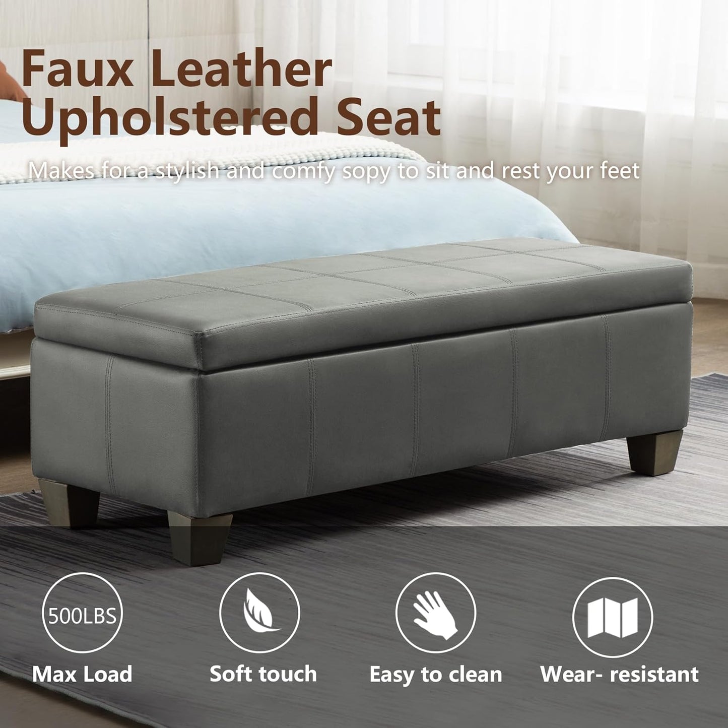 51 Inch Faux Leather Ottoman with Storage, End of Bed Bench with Large Storage, Rectangular Extra Long Bench for Bedroom and Living Room, Light Grey