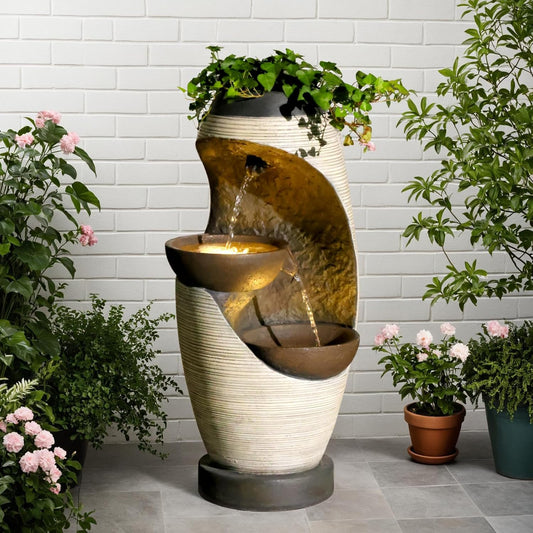 27.95''H Outdoor Garden Water Fountain, 2-Tier Bowl Shaped Floor - Standing Waterfall Fountain Indoor with LED Lights for Yard, Garden, Patio,Backyard & Home Decor