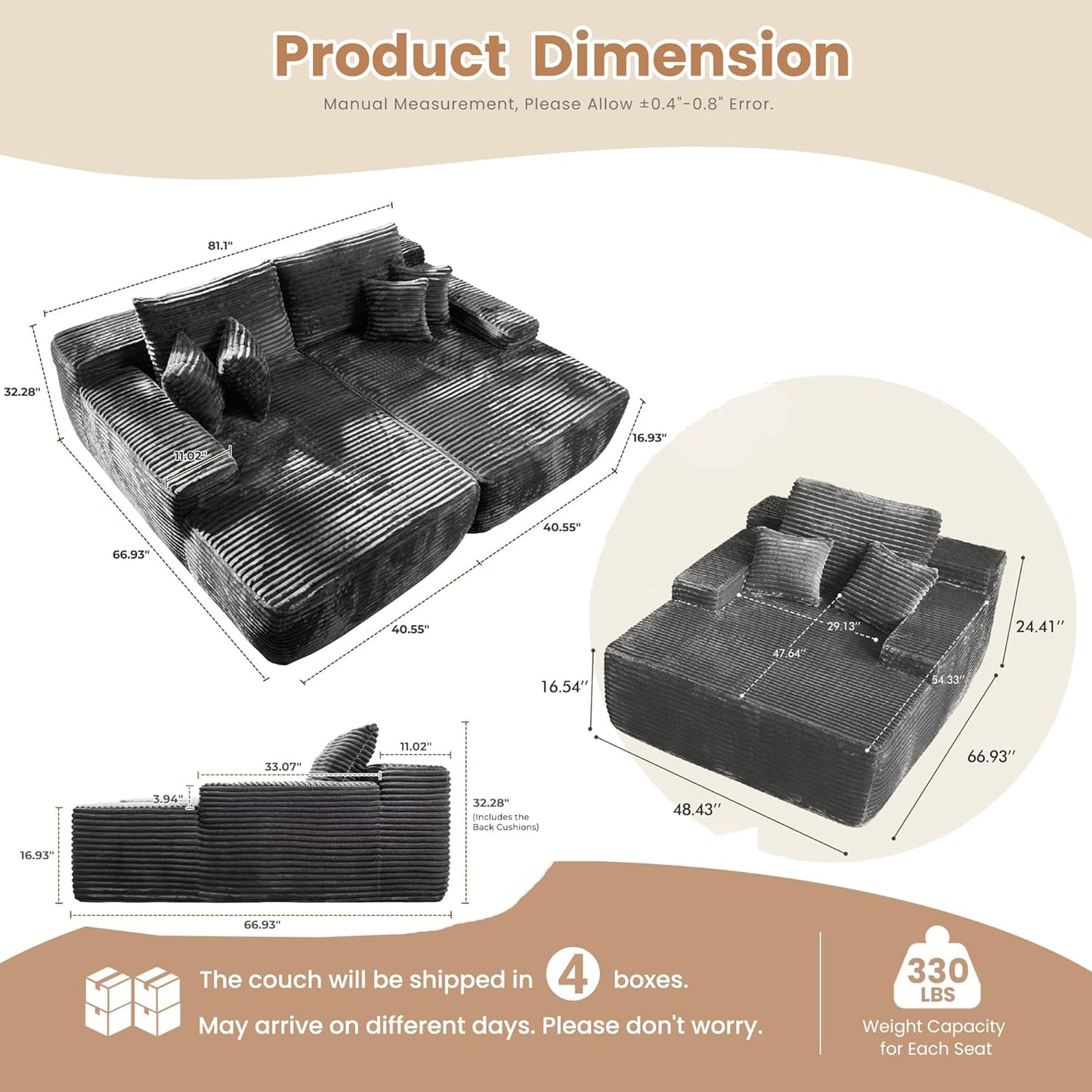 HOOOWOOO Cloud Sectional Couches for Living Room,Modular Sectional Sofa No Assembly,Plush Corduroy Large Floor Couch Furniture Set with Deep Seat Double Chaise and Singlar Lounge(Gray)