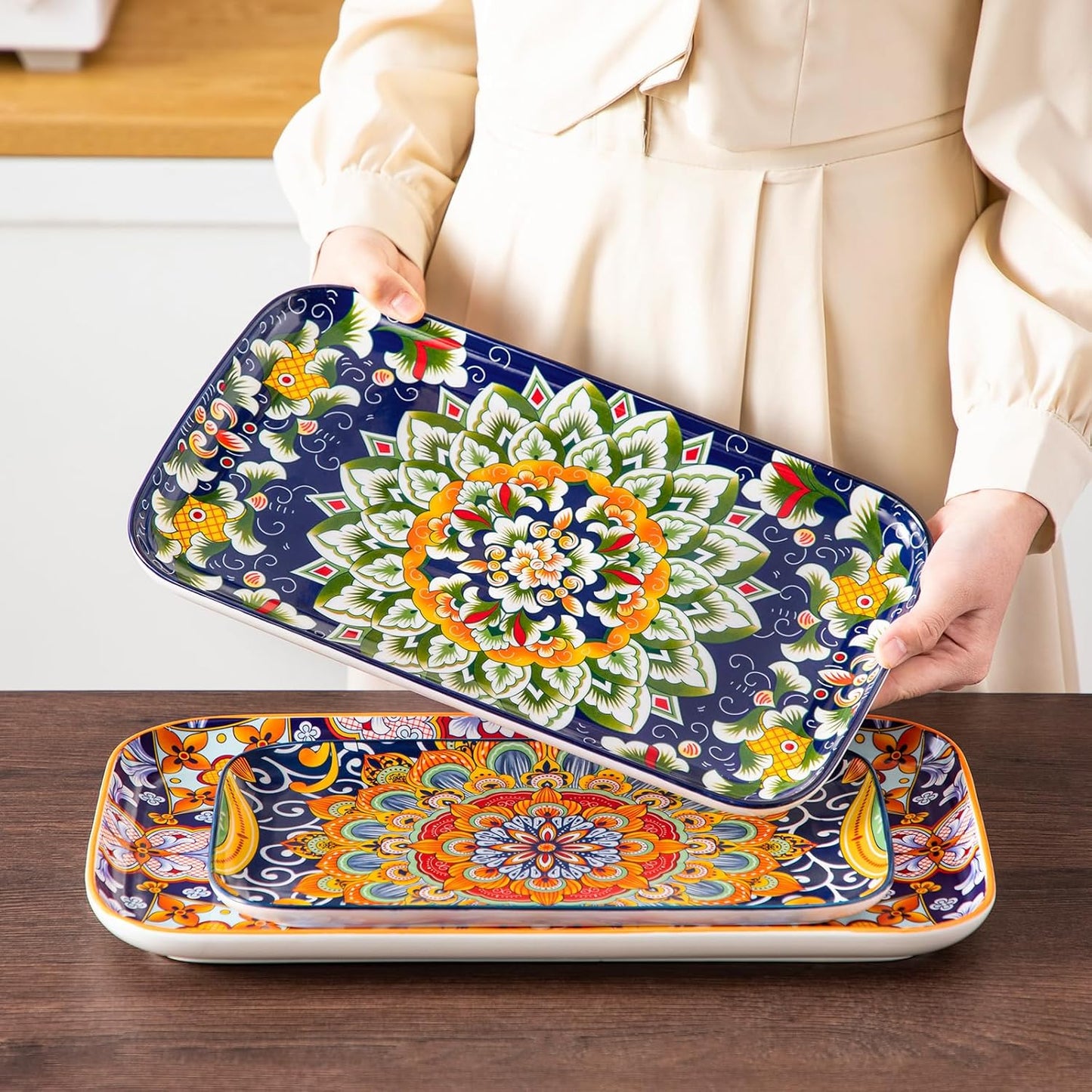 vancasso Serving Platters Set of 3, 16"/14"/12" Inch Rectangular Trays - Serving Platter Extra Large, Bohemian Ceramic Serving Dish for Entertaining Food, Microwave & Dishwasher Safe, Colorful