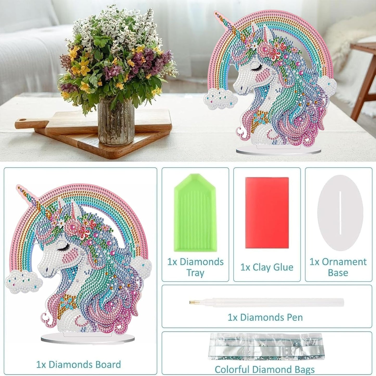 Diamond Painting Kits for Adults Beginners, 5D Full Drill Rainbow Pony Crystal Art Desktop Ornament, DIY Single Sided Home Office Desk Decor, Creative Craft Gift Set with Tools