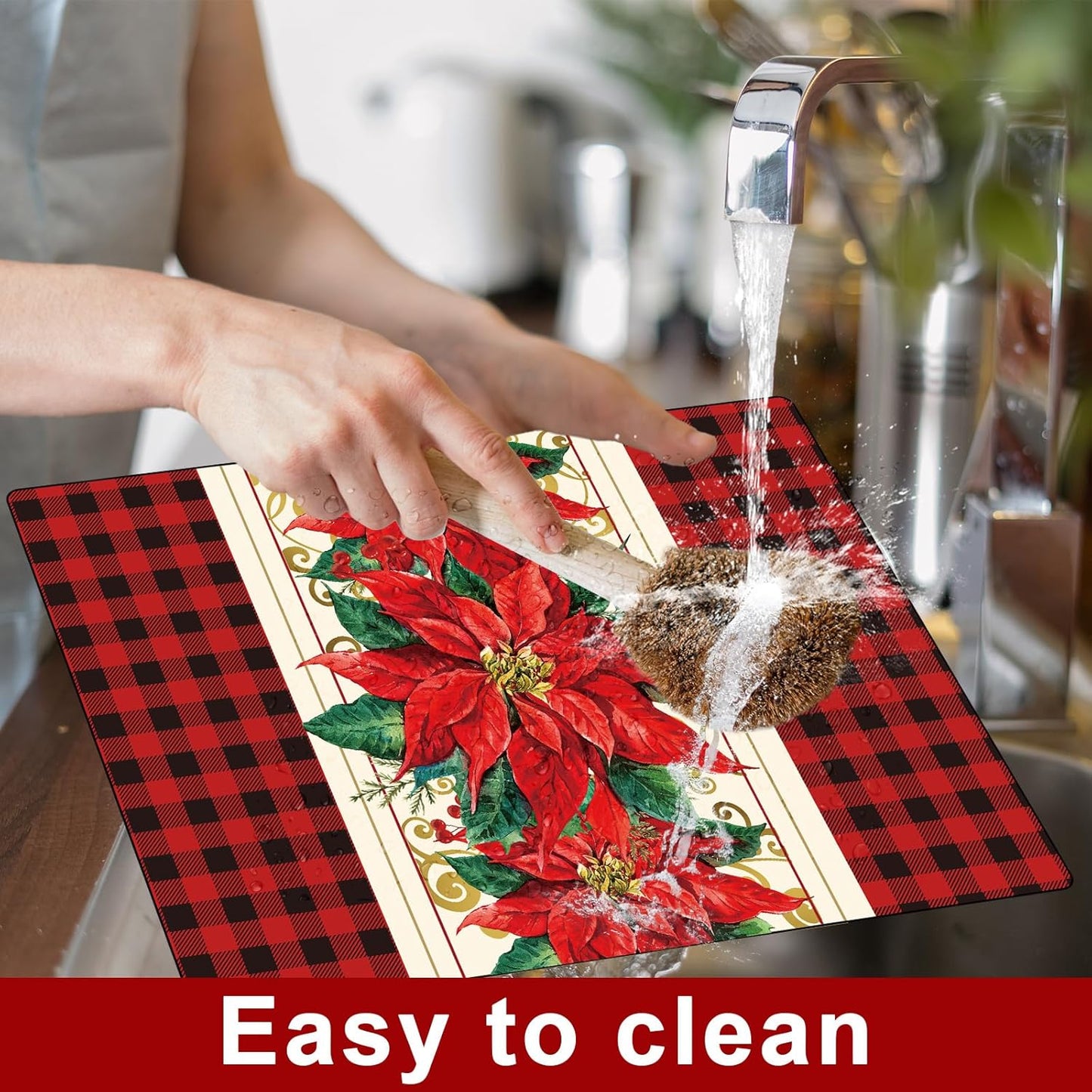Christmas Poinsettia Placemats Set of 6 Red Watercolor Poinsettia Plastic Table Mats Christmas Xmas Red Flower Place Mats Winter Holiday Table Decoration for Indoor Outdoor Party Kitchen Dining
