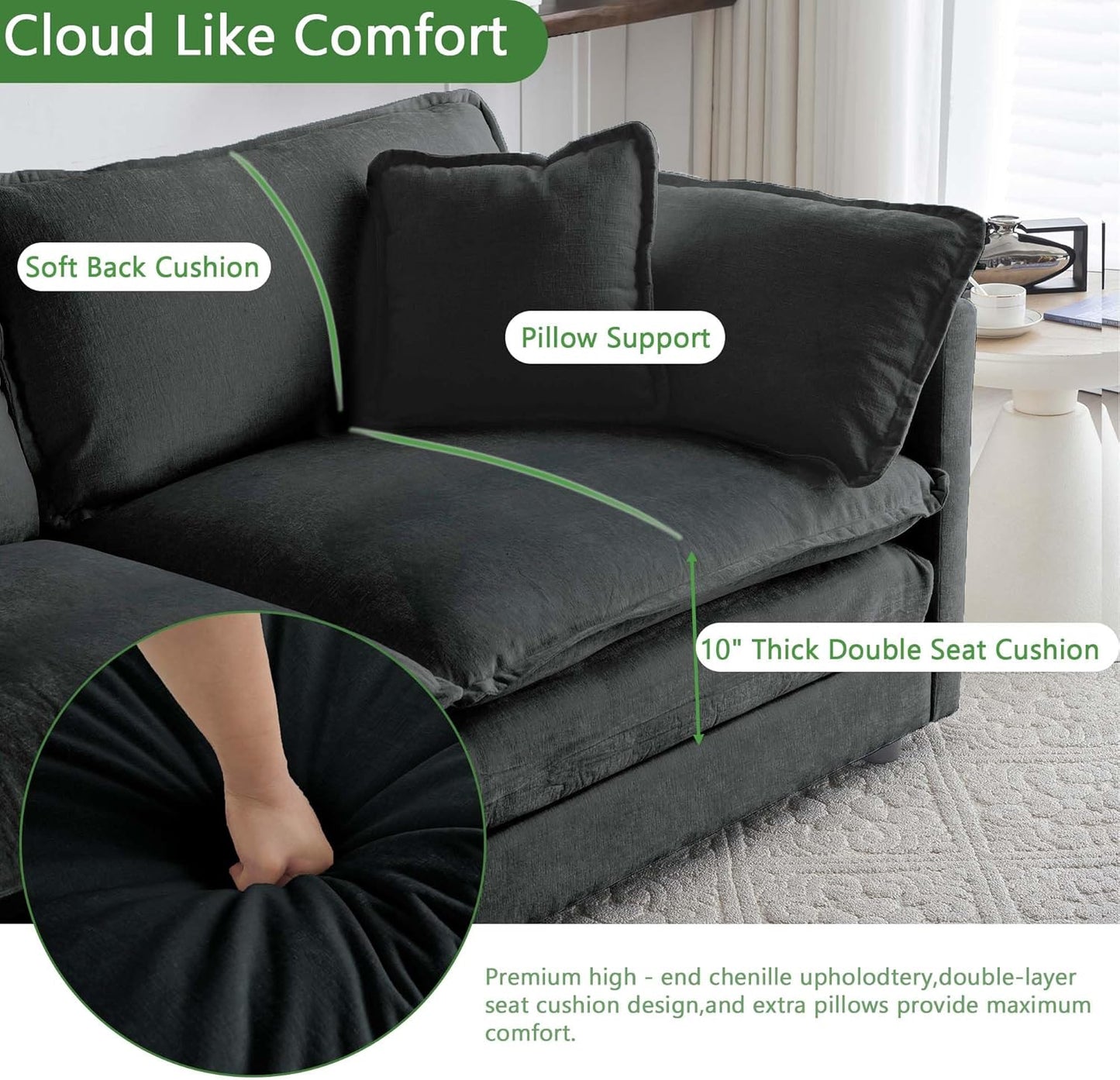 Sectional Sofa 4 Seater with Movable 2 Ottomans,Oversized Modular Couch Deep Seat (Black, 146.5 inch-U)