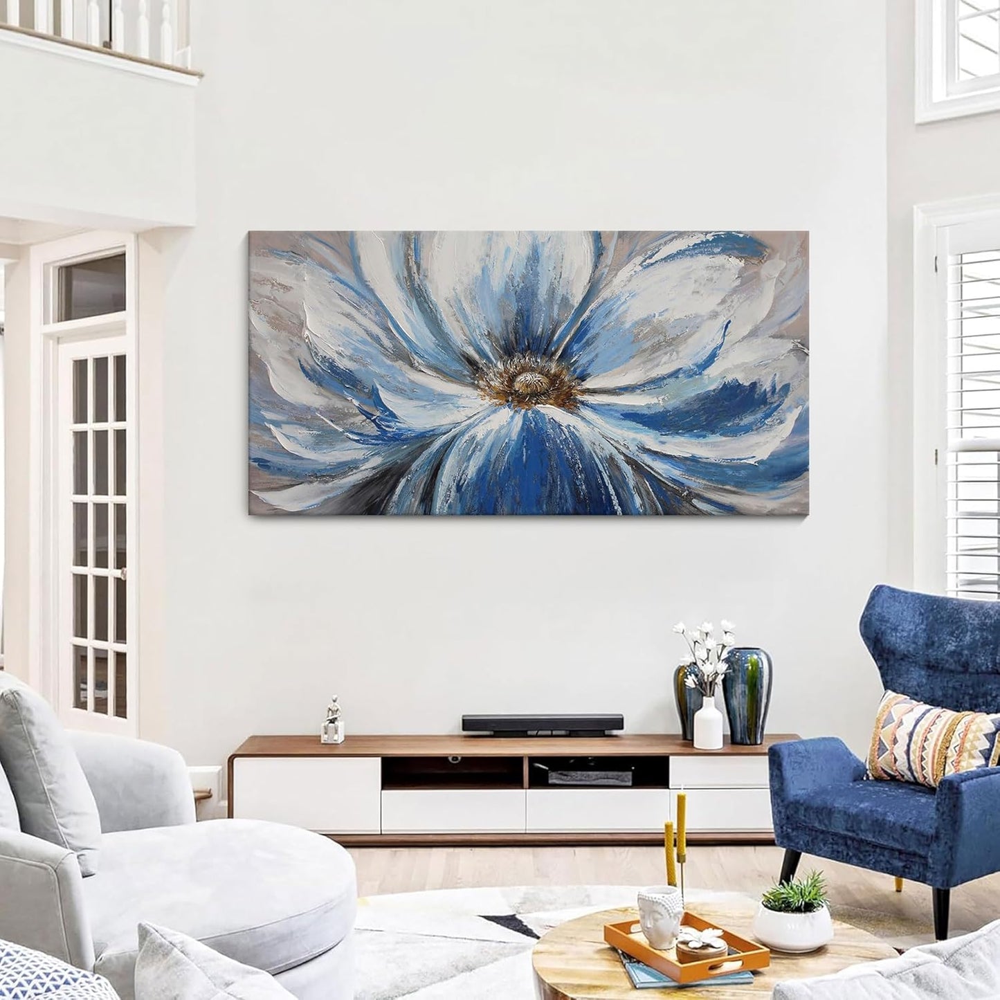 Flower Canvas Wall Art for Living Room Large White Blue Flower Picture Giclee Print Painting Wall Decor Framed Artwork Ready to Hang for Home Bedroom Wall Decoration Size 24x48