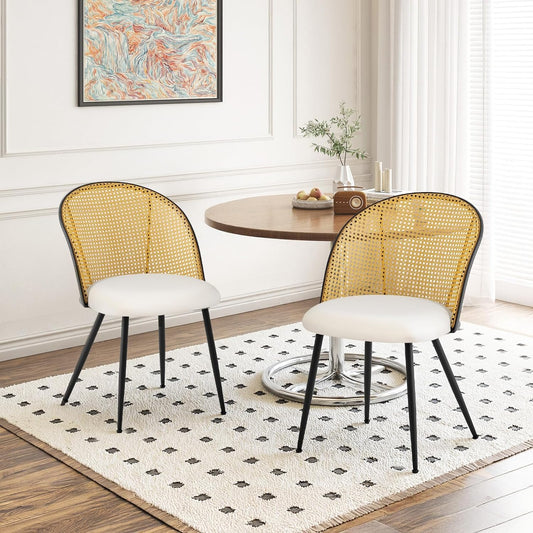 Dining Chairs Set of 2, Mid Century Modern Dining Room Chairs with Rattan Back, Faux Leather Kitchen Dining Chairs Farmhouse Armless Mesh Cane Back Side Chairs with Metal Legs, White