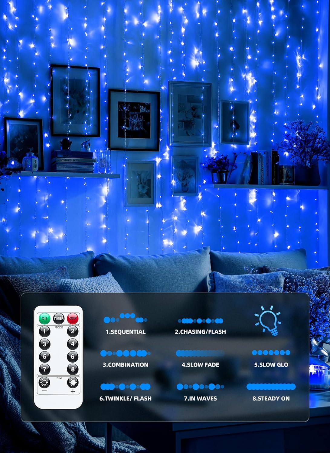 Brightown 300 LED Fairy Curtain Lights, 9.8ft x 9.8ft Curtain String Lights, USB Plug in 8 Lighting Modes LED Christmas String Hanging Lights with Remote for Bedroom Indoor Outdoor Weddings Party Xmas