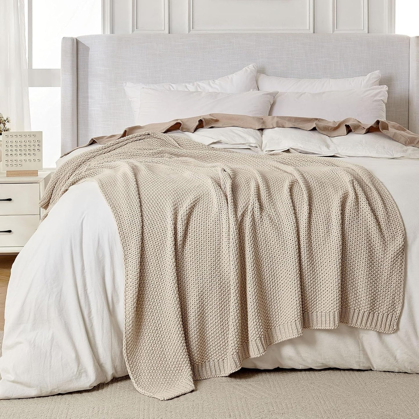 Joydeco Chunky Cable Knit Throw Blanket, Lightweight 100% Organic Cotton Soft Cozy Throw Twin Blanket for Couch Bed and Sofa, Rustic Breathable Farmhouse Blanket Gift for Women Men(Beige, 51"x63")