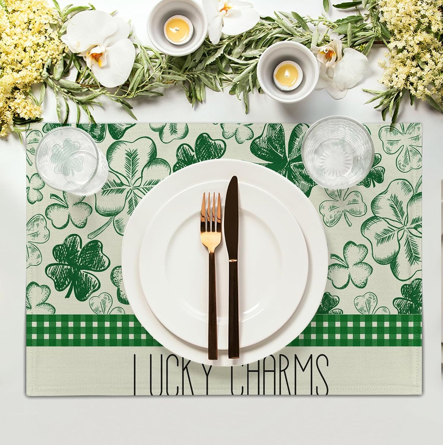 Green Shamrock St Patricks Day Placemats Set of 4 Lucky Clover Plaid Check Table Mat 12x18 Inch St. Patrick's Day Seasonal Holiday Place Mats Spring Linen Placemat for Party Kitchen Dining Decor