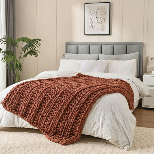 Esterra Chunky Knit Blanket Throw, 100% Handmade Chenille Throw Blanket 50"x60", Soft Thick Yarn Cable Knit Crochet Throw Blanket Rope Knot Throw for Couch Bed Sofa, Copper Brown