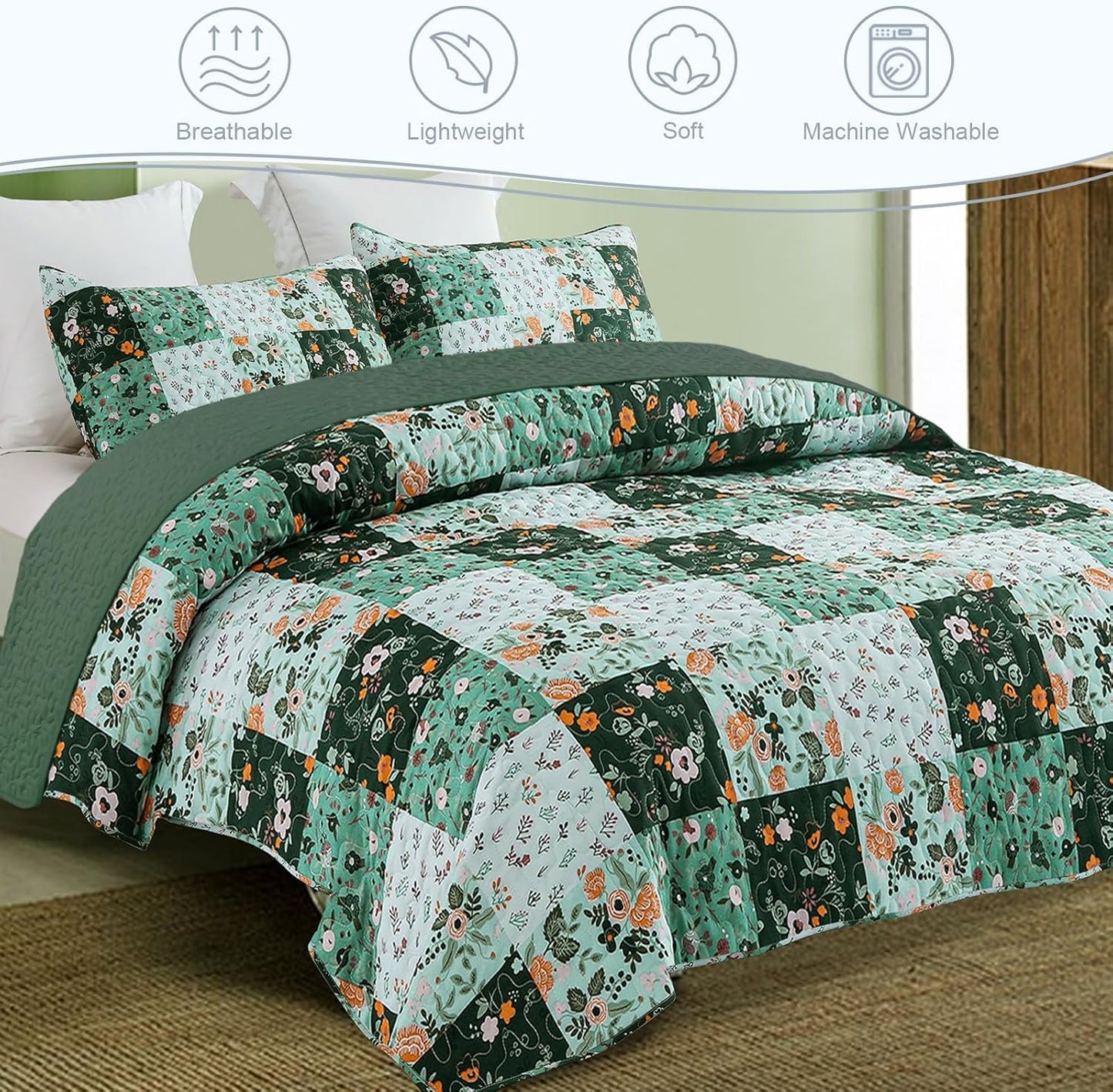 Exclusivo Mezcla Reversible Boho Quilt Set King Size, 3 Pieces Patchwork Green All Season Bedspreads, Ultra Soft Floral Coverlet Bedding Set with Printed Pattern (1 Quilt, 2 Pillow Shams)