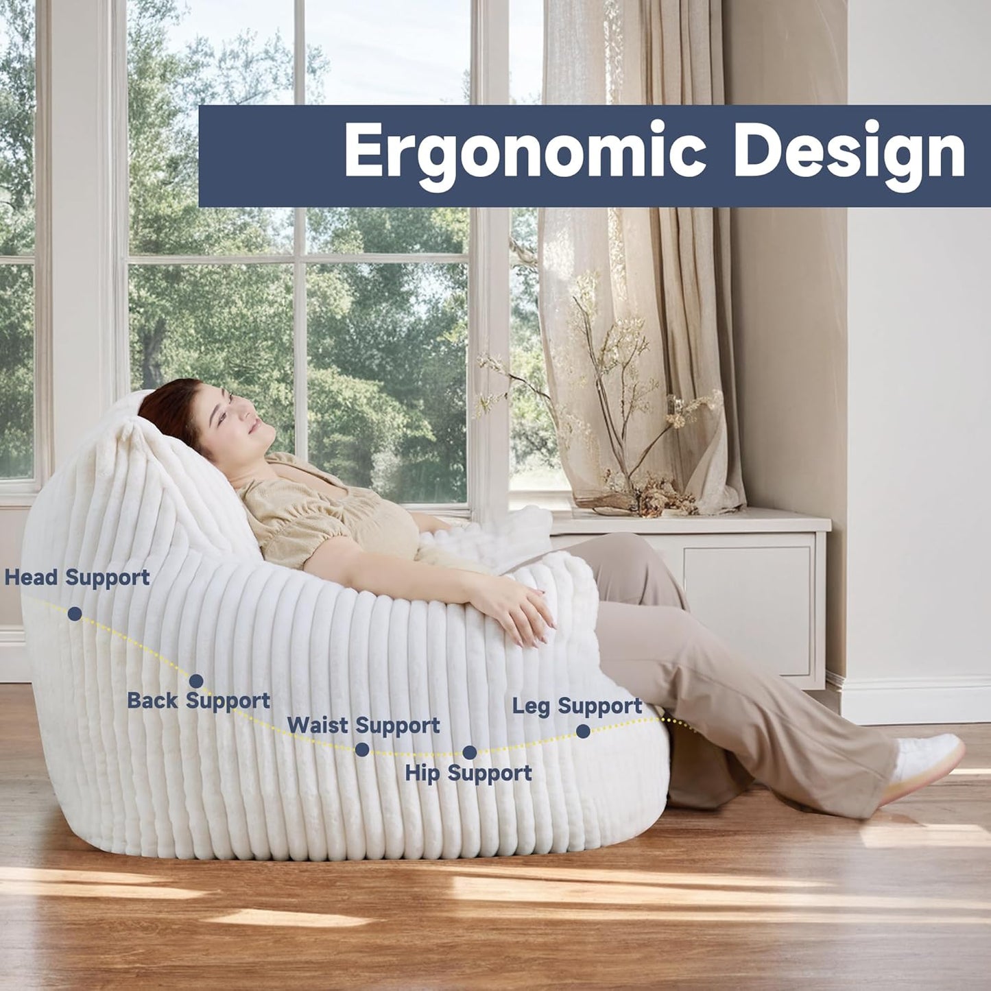 Oversized Bean Bag Chair for Adults, Giant Comfy Plush Boneless Bean Bag Couch with Filler for Kids - Reading Chair for Living Room, Bedroom & Dorm, Single Accent Chair Floor Lounger, Beige