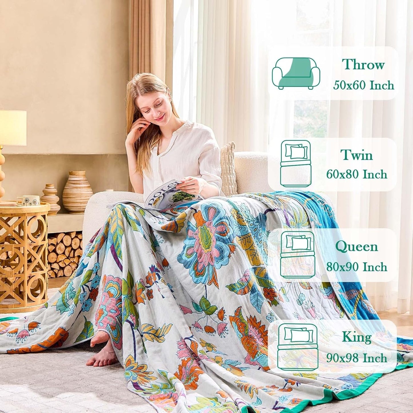 Summer Throw Blanket, 60"x80" Reversible Bohemian Flower Blanket, 100% Cotton Muslin Breathable Woven, Farmhouse Decorative Throw Blanket