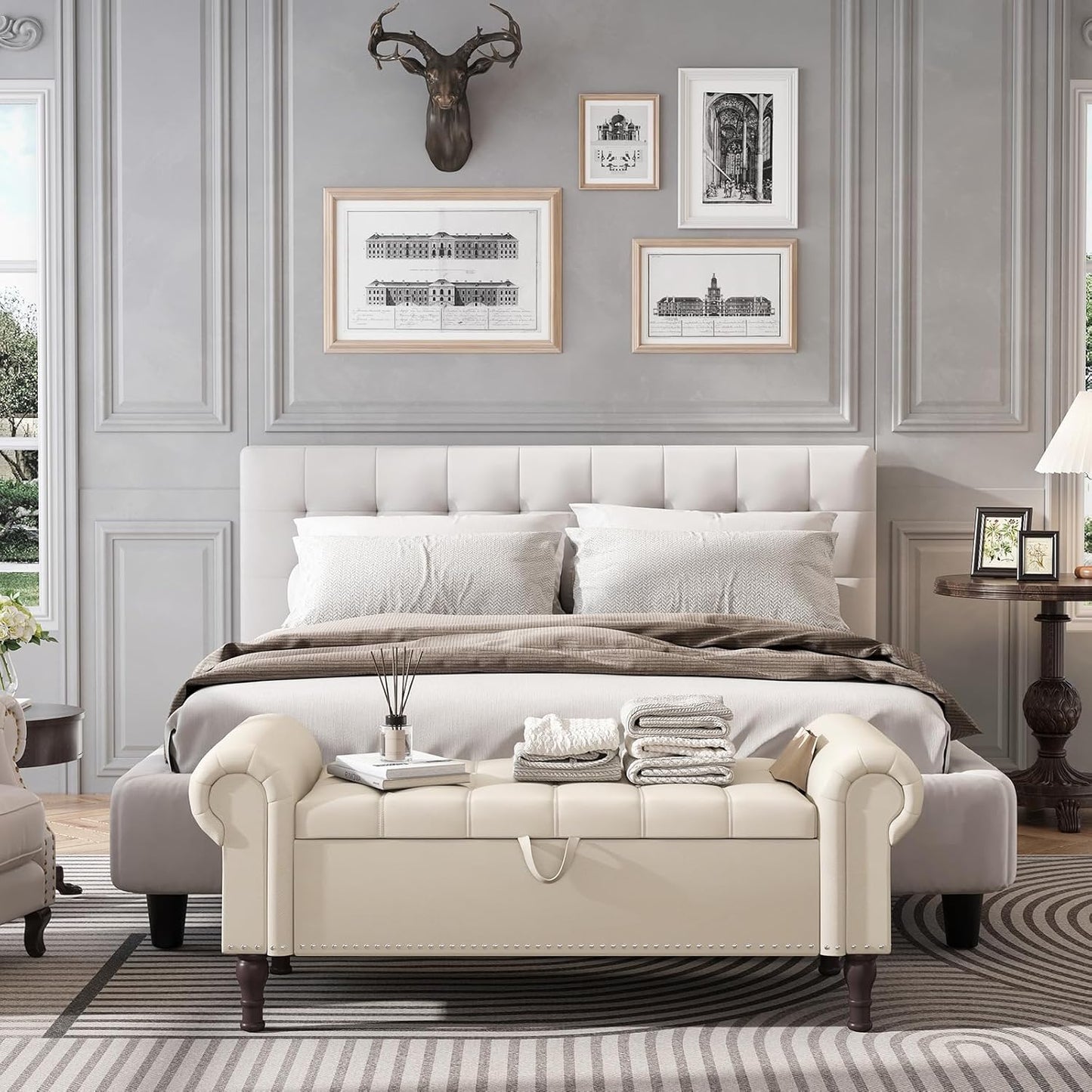 Apicizon 51”Storage Ottoman Bench, Soft Faux Leather Indoor Bench with Rolled Arm and Vintage Rivets, Large Storage Chest for Bedroom, Living Room, Entryway，Beige+Brown Legs