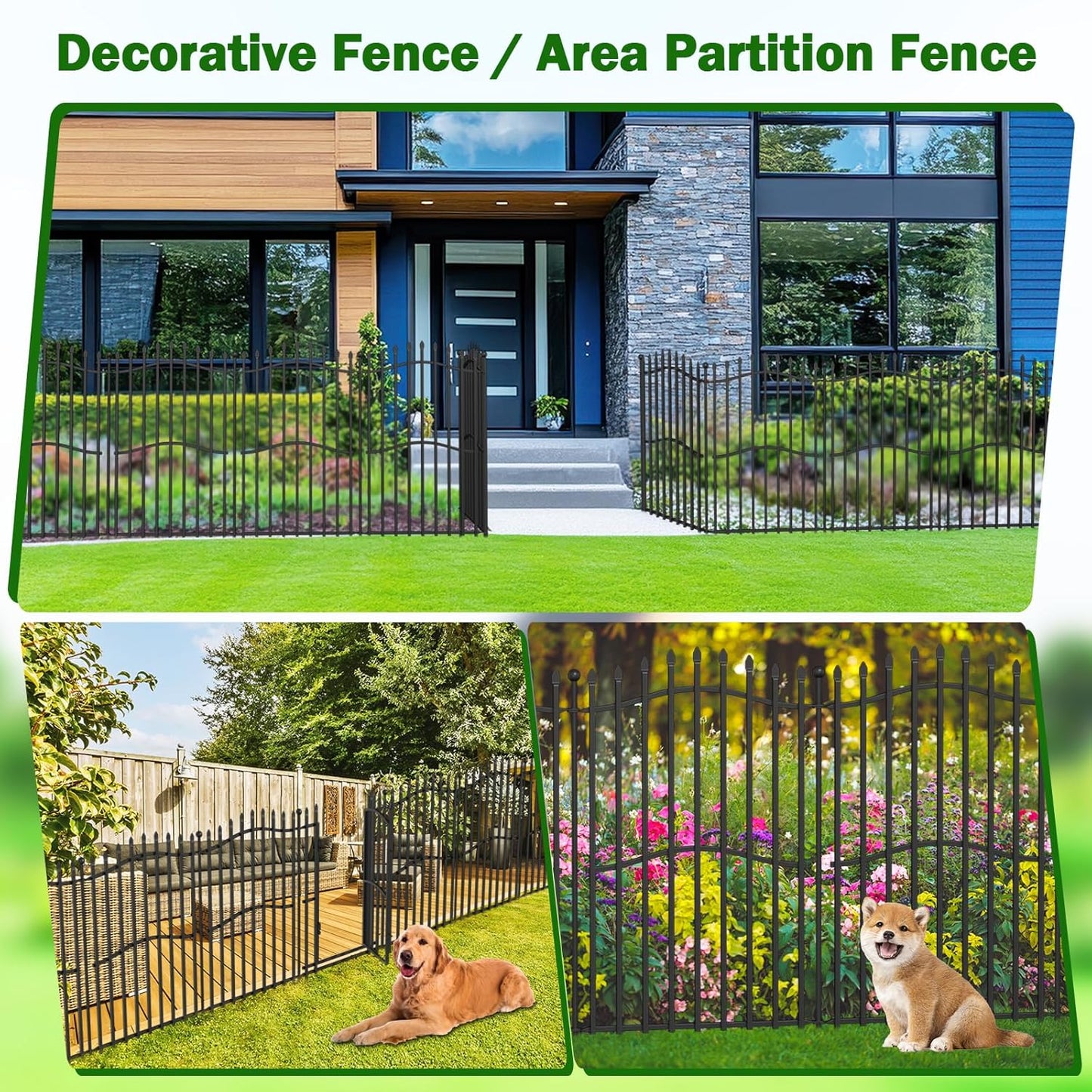 8 Panels No Dig Decorative Garden Fence with Gate - 40in H x 18ft L, Tall Heavy-Duty Square Tube Animal Barrier, Rustproof Dog Fence for Outdoor Yard & Patio Protection