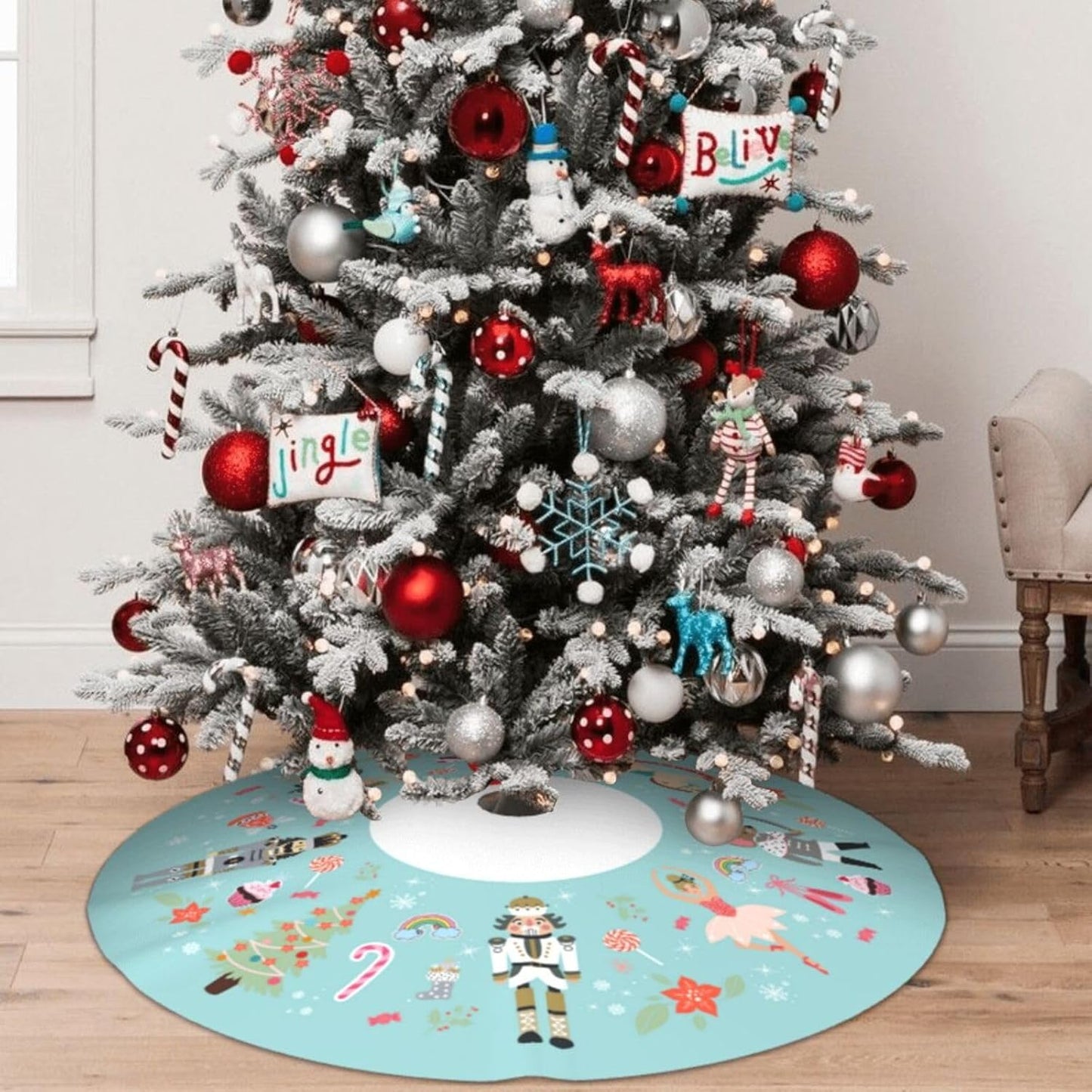 48" Large Christmas Tree Skirt, Turquoise Nutcracker Sweet Pattern Tree Mat Base Cover for Xmas Festive Holiday Party Decoration Ornaments